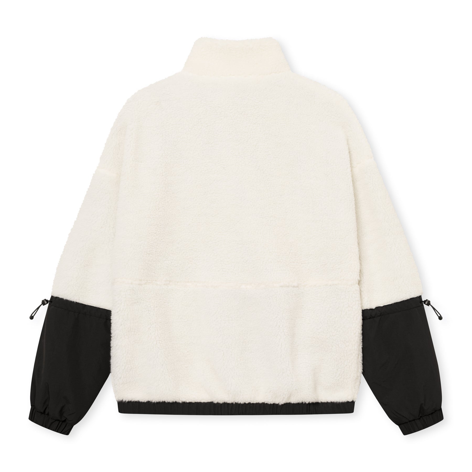 Rückansicht der Teddy Fleecejacke 'Carson' in Creme mit schwarzen Ärmeln und elastischem Saum