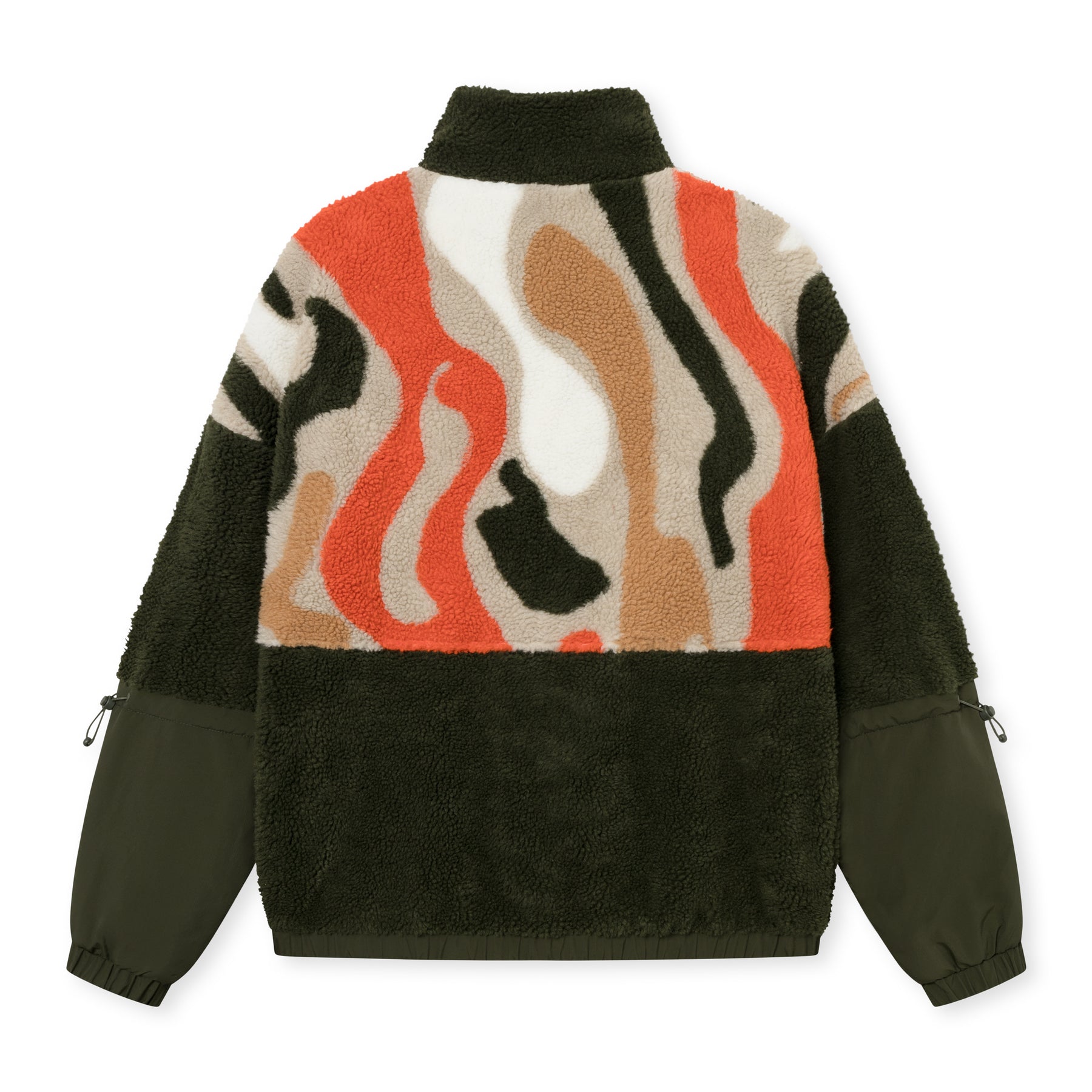 Teddy Fleecejacke 'Carson' mit abstraktem Muster in Olivgrün, Beige, Orange und Schwarz, Ärmel aus glattem Stoff