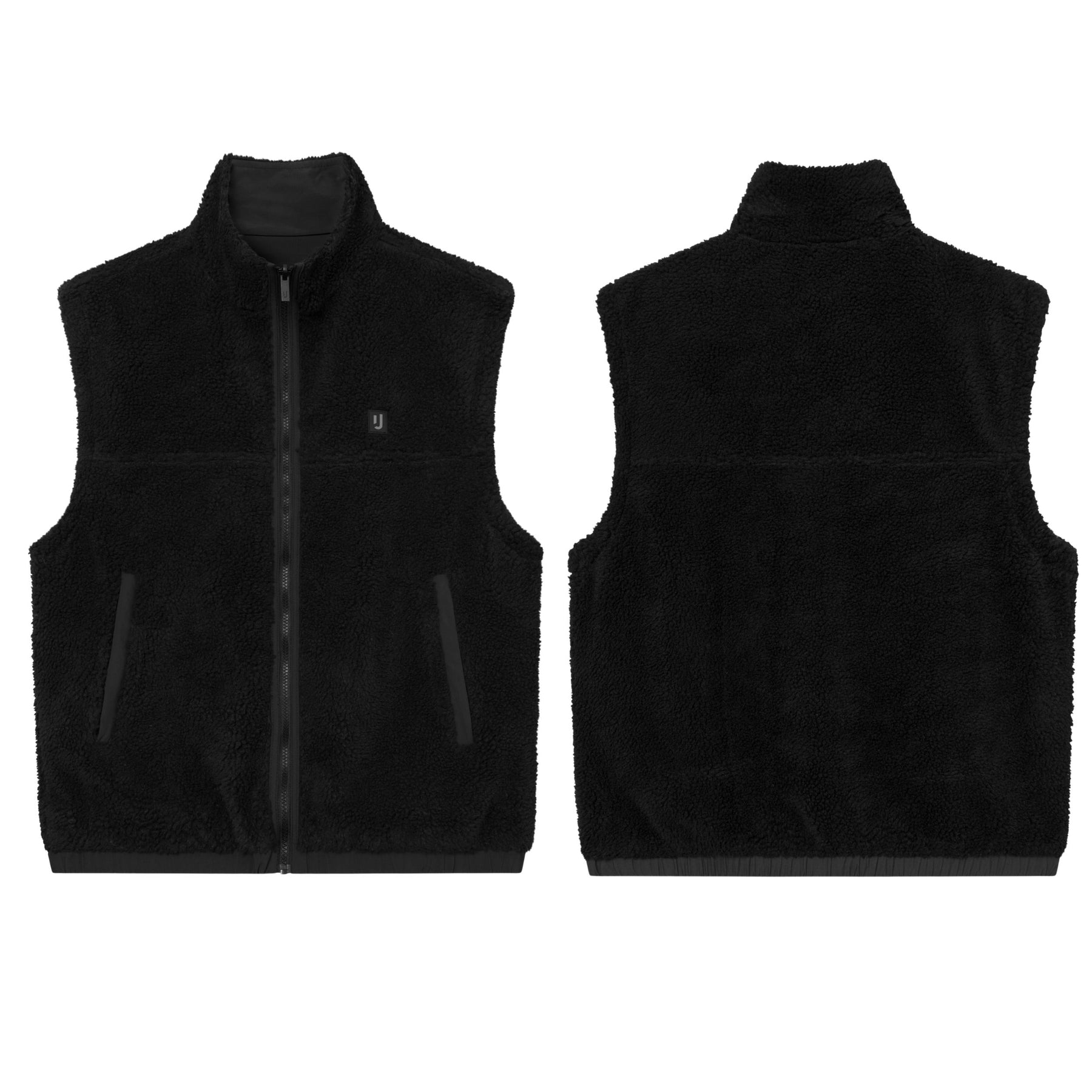 Schwarze Teddy Fleeceweste 'Bryson' mit Reißverschluss und Seitenzippern, Vorder- und Rückansicht