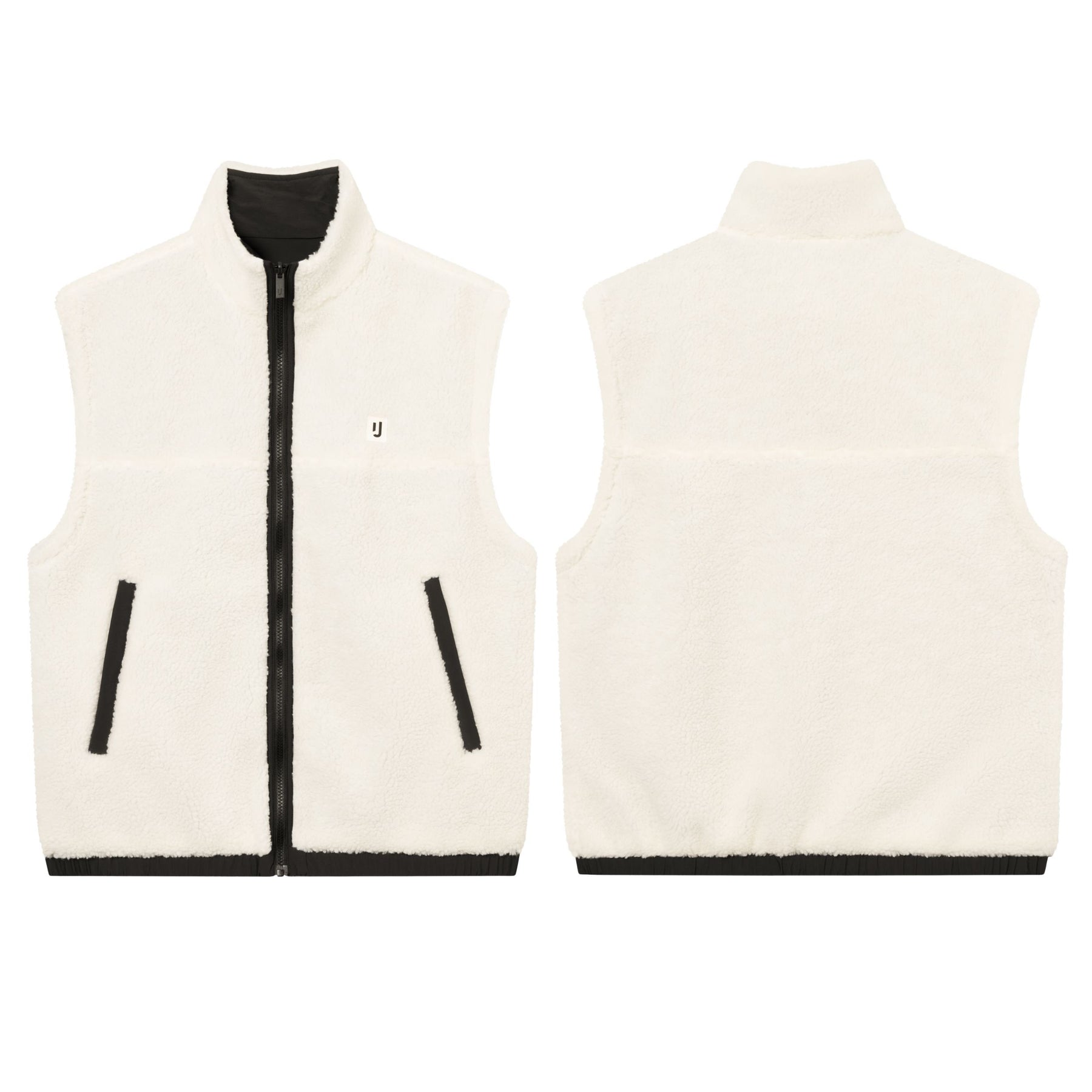 Cremefarbene Teddy-Fleeceweste 'Bryson' mit schwarzem Reißverschluss und Taschen, Vorder- und Rückansicht