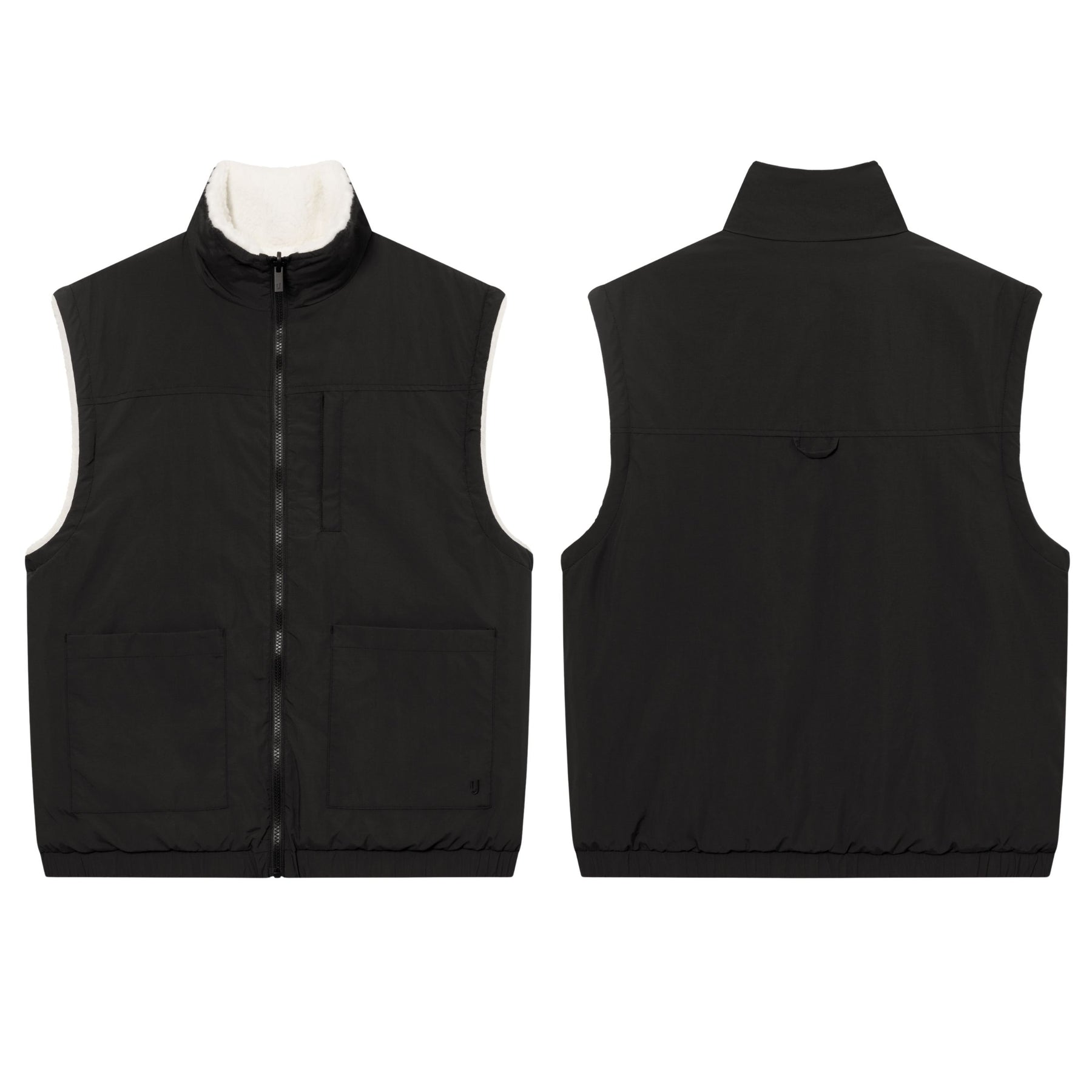 Wendbare Teddy Fleeceweste 'Bryson' in Schwarz mit Creme-farbenem Innenfutter, vorne mit Reißverschluss und Taschen