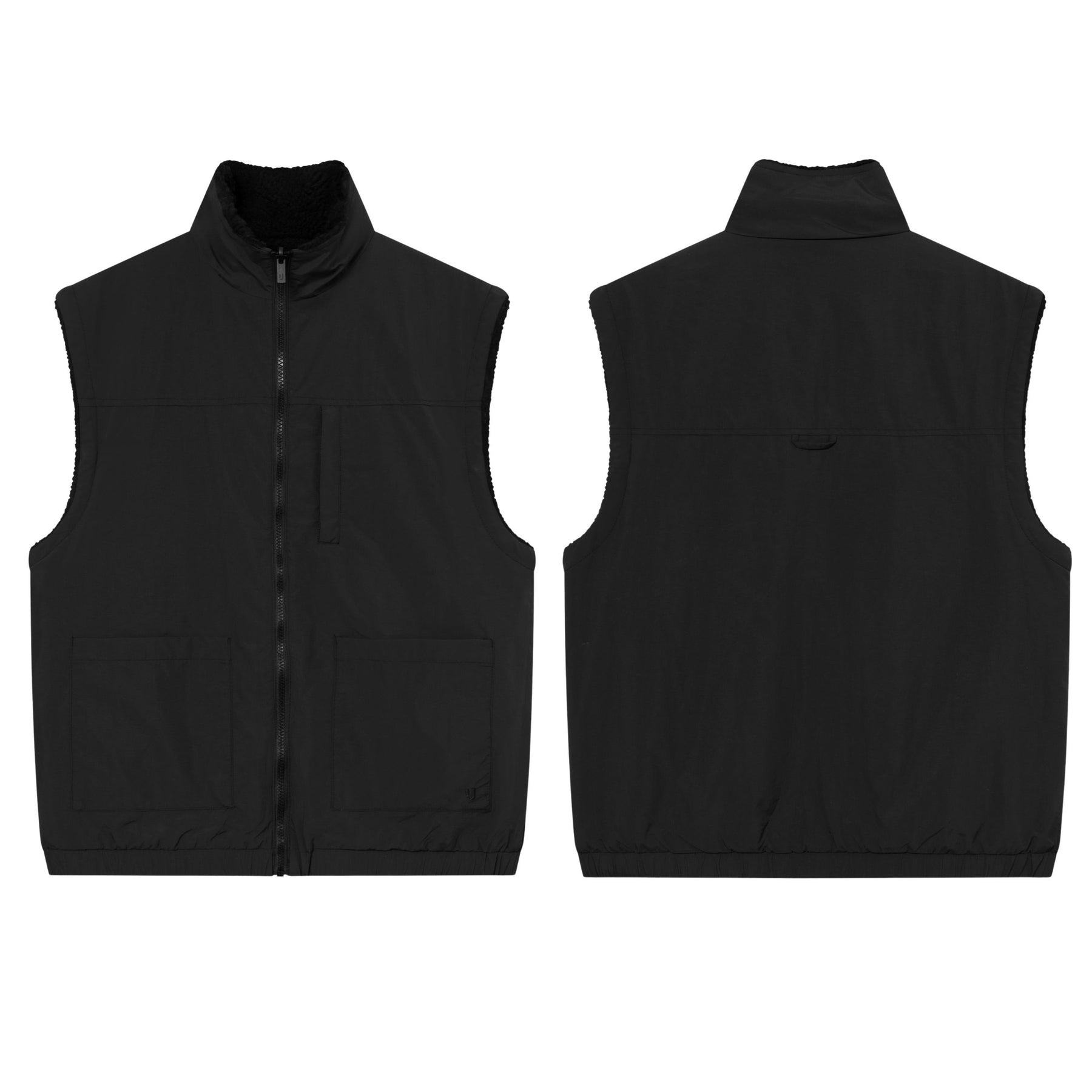 Schwarze Teddy Fleeceweste 'Bryson' mit Stehkragen, Reißverschluss vorne und zwei Taschen