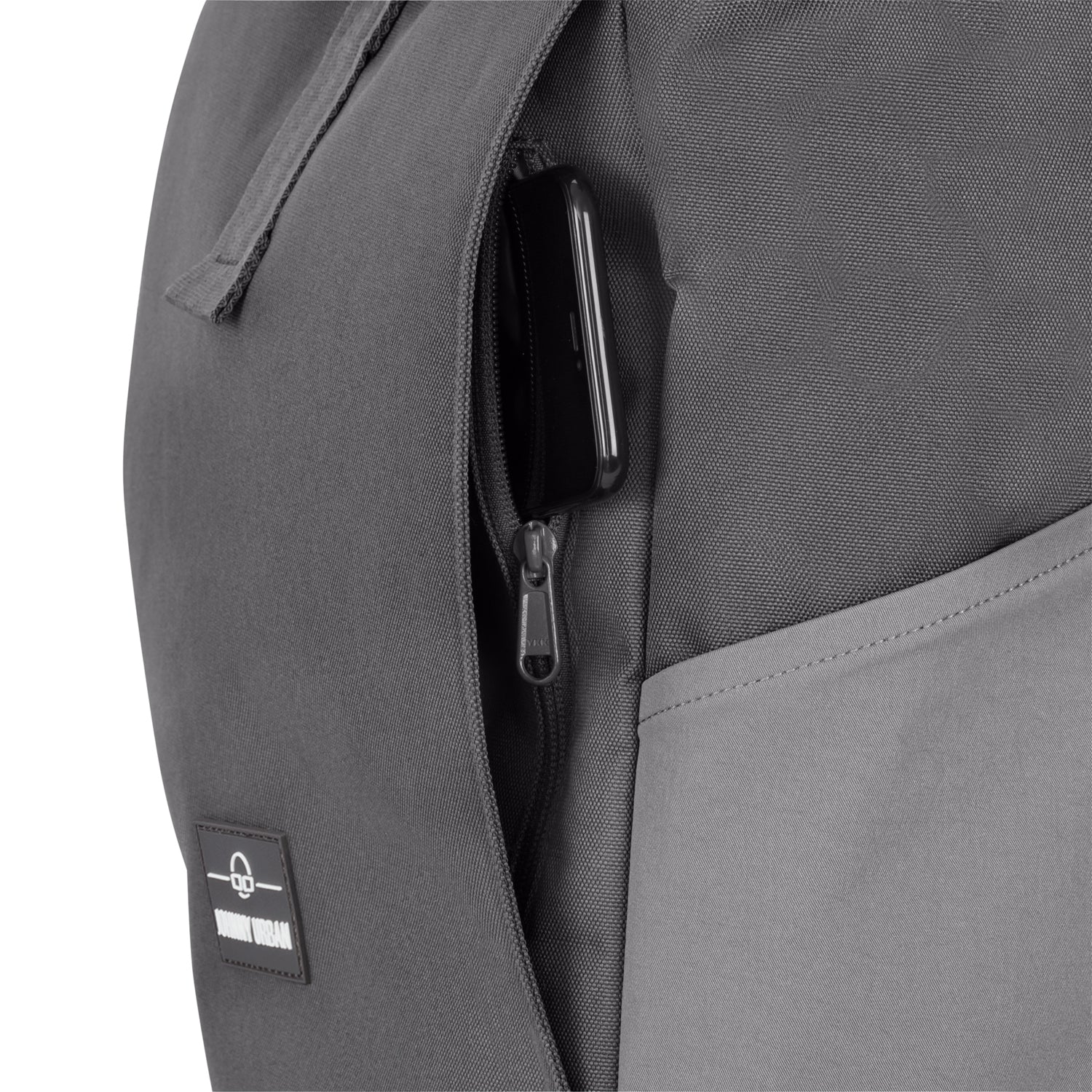 Grauer Rolltop Rucksack 'Allen Large' mit seitlicher Reißverschlusstasche und Smartphone