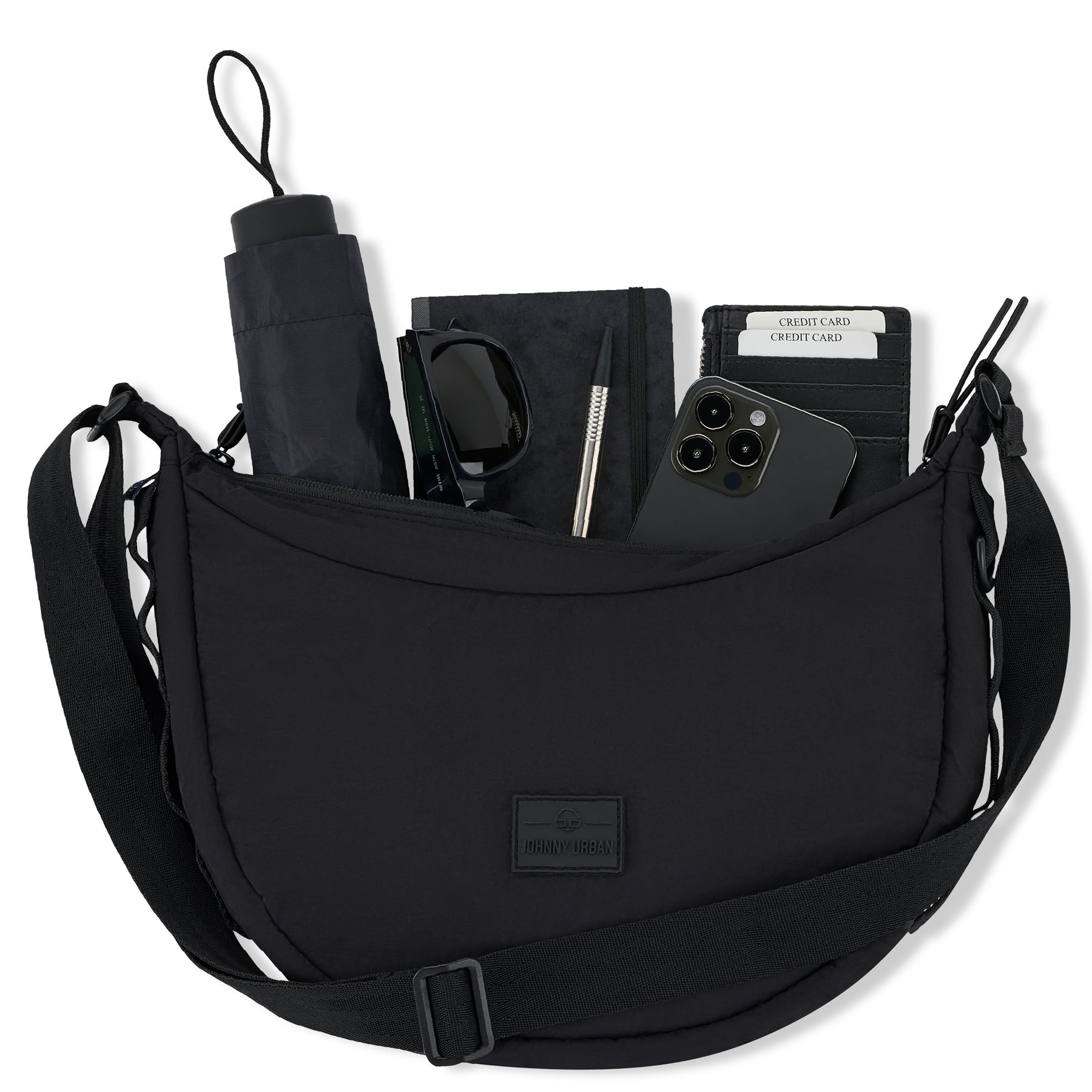 Halbmondtasche 'Kaia Medium' in Schwarz mit Regenschirm, Sonnenbrille, Notizbuch, Stift, Smartphone und Kartenetui