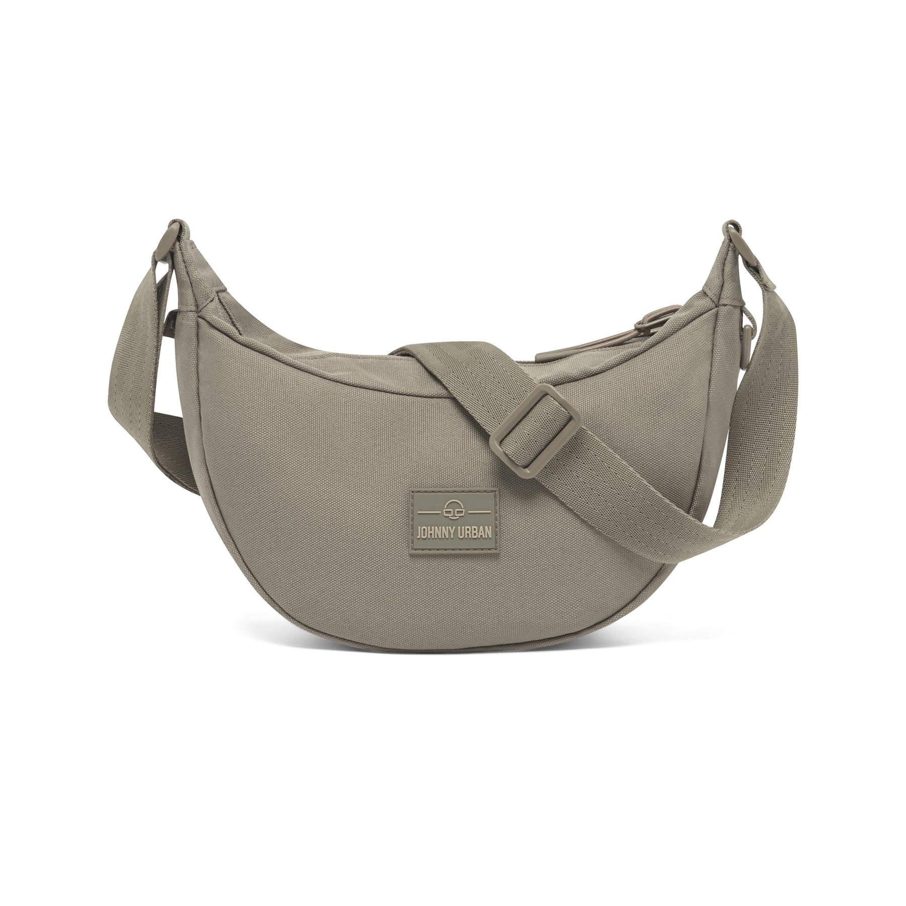 Halbmondtasche "Ally Small" in desert-grau mit verstellbarem Schultergurt aus robustem Material in Vorderansicht