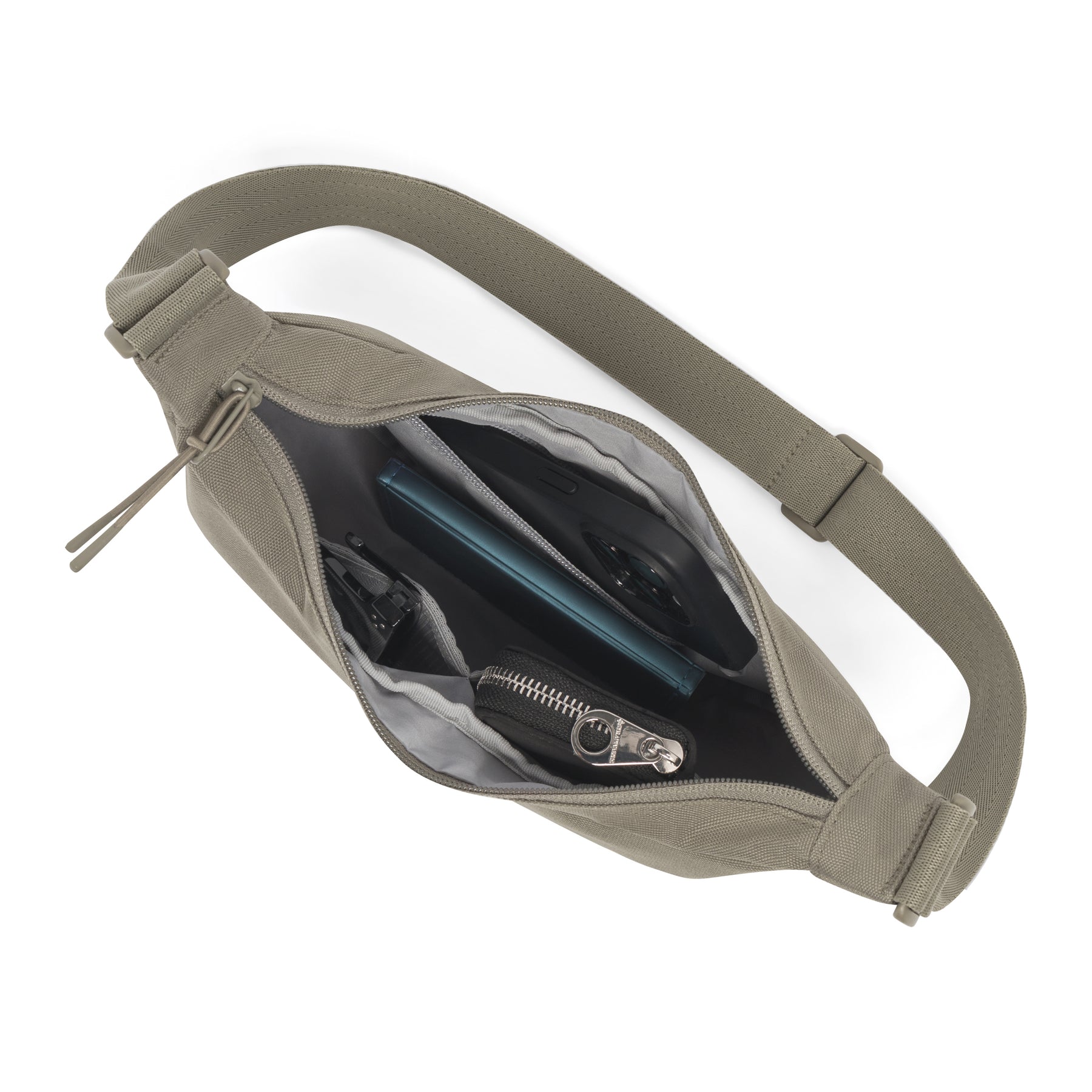 Halbmondtasche ‚Ally Small‘ in desertgrau mit offenem Hauptfach und mehreren Innentaschen