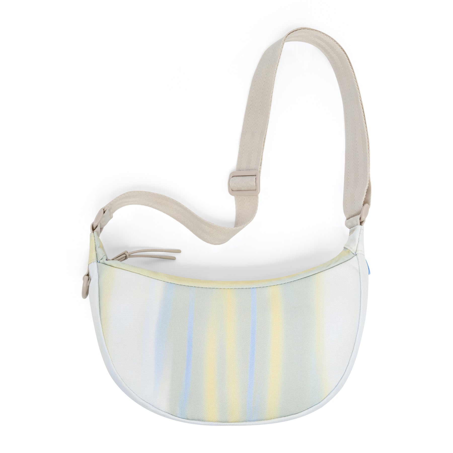 Halbmondtasche 'Ally Small' mit verstellbarem Sandfarbenen Gurt und feinen blau-gelben Streifen