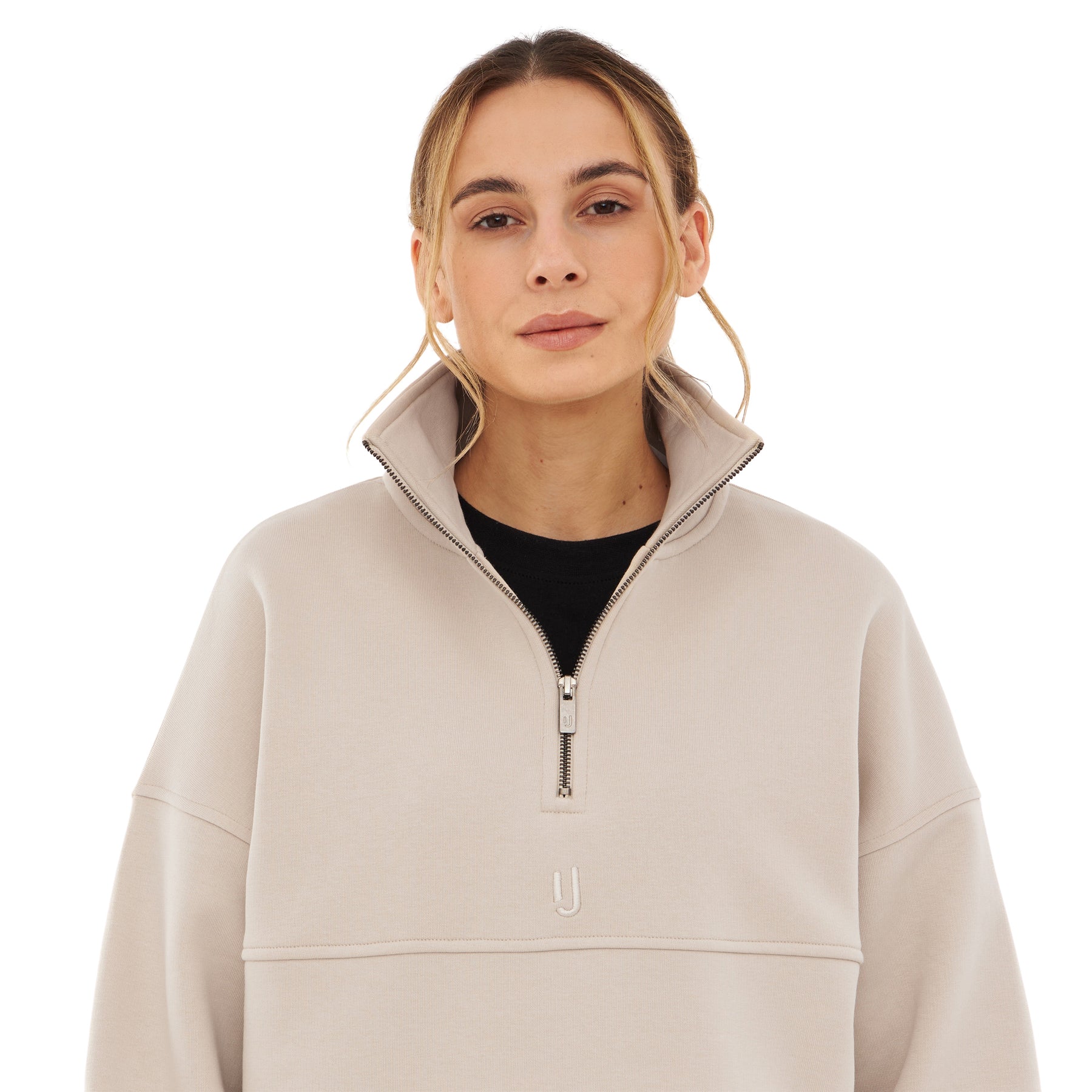 Beige Damen Half-Zip Sweatshirt 'Cooper' von Johnny Urban mit stehendem Kragen und sichtbarem halben Reißverschluss