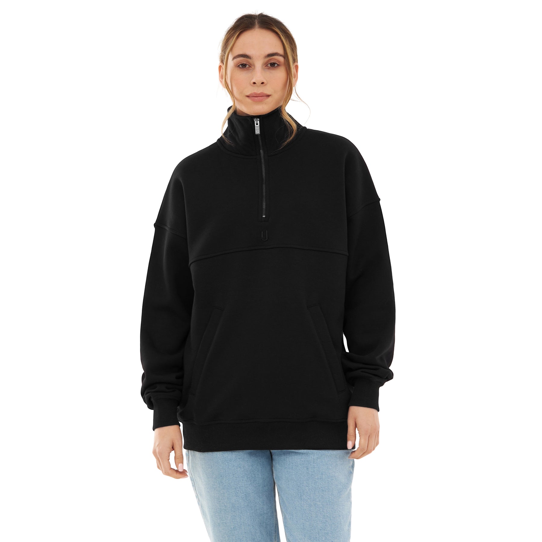 Schwarzer Damen-Half-Zip-Pullover 'Cooper' mit hohem Kragen und Kängurutasche