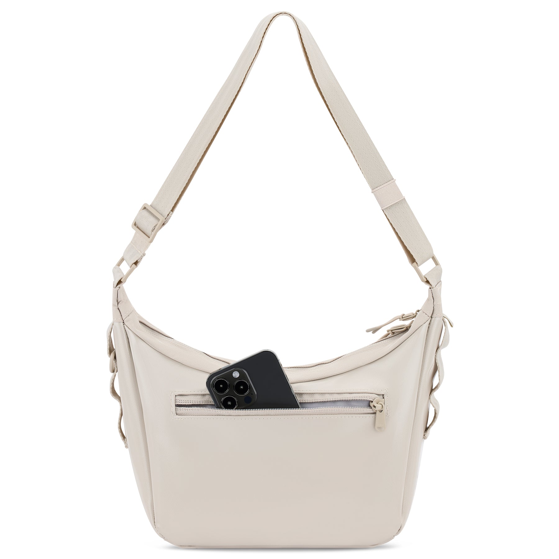 Beige Handtasche 'Liv' mit verstellbarem Trageriemen und Außentasche mit schwarz eingeführtem Smartphone