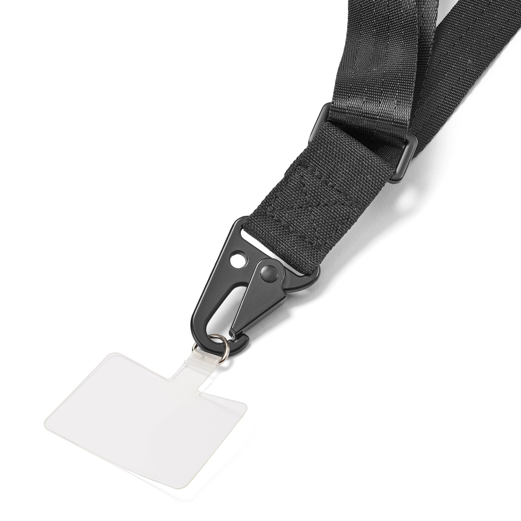 Schwarzes Handyband mit Karabinerhaken und durchsichtiger Kunststoffhalterung