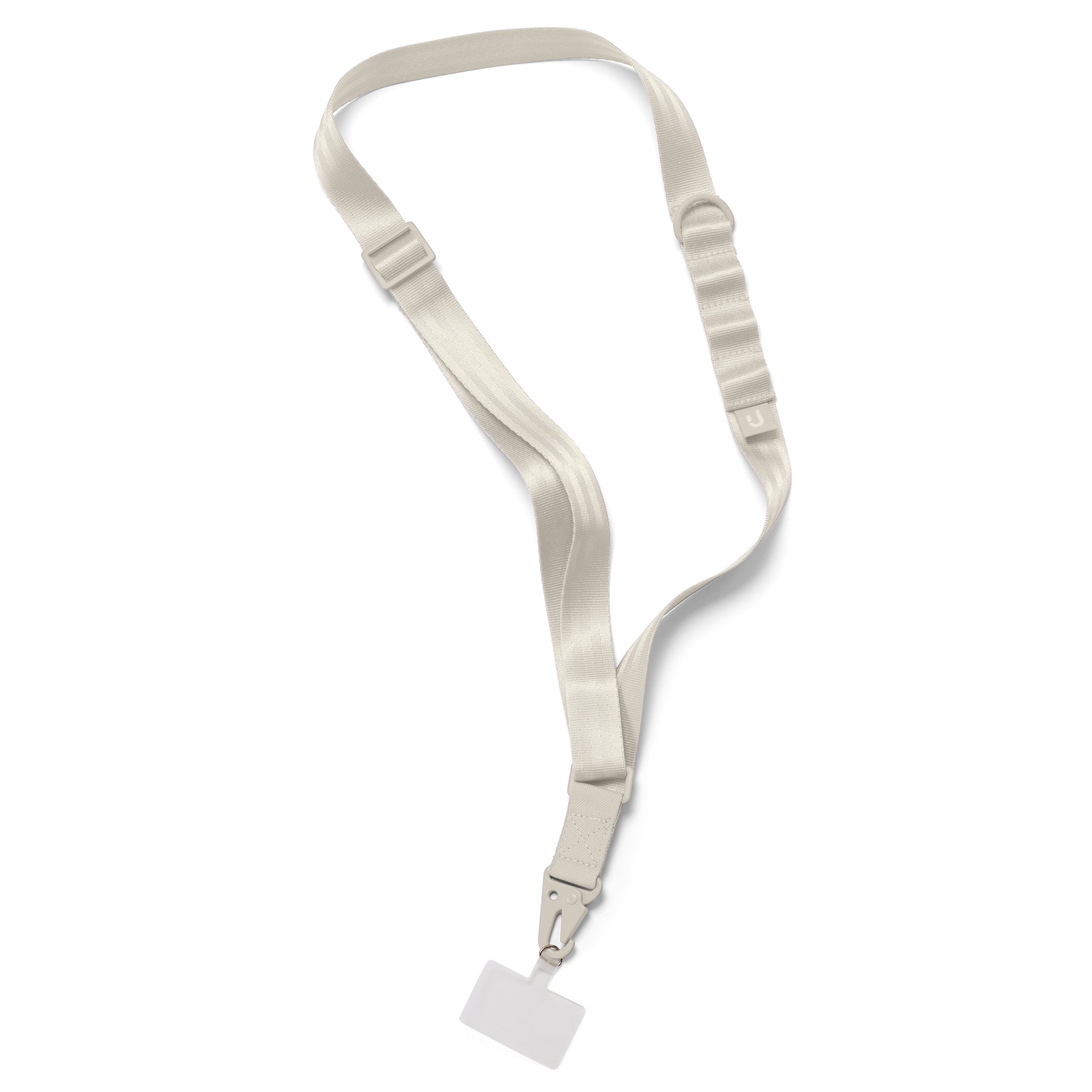 Weißes verstellbares Handyband mit Kunststoffclip und transparentem Kartenhalter