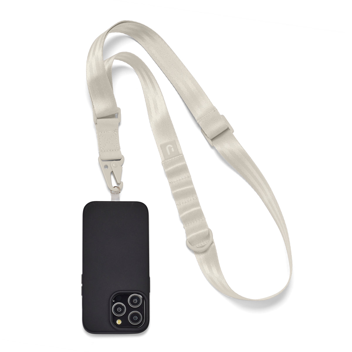 Schwarzes Smartphone mit weißer Handyschlaufe aus Stoff und verstellbarem Verschluss
