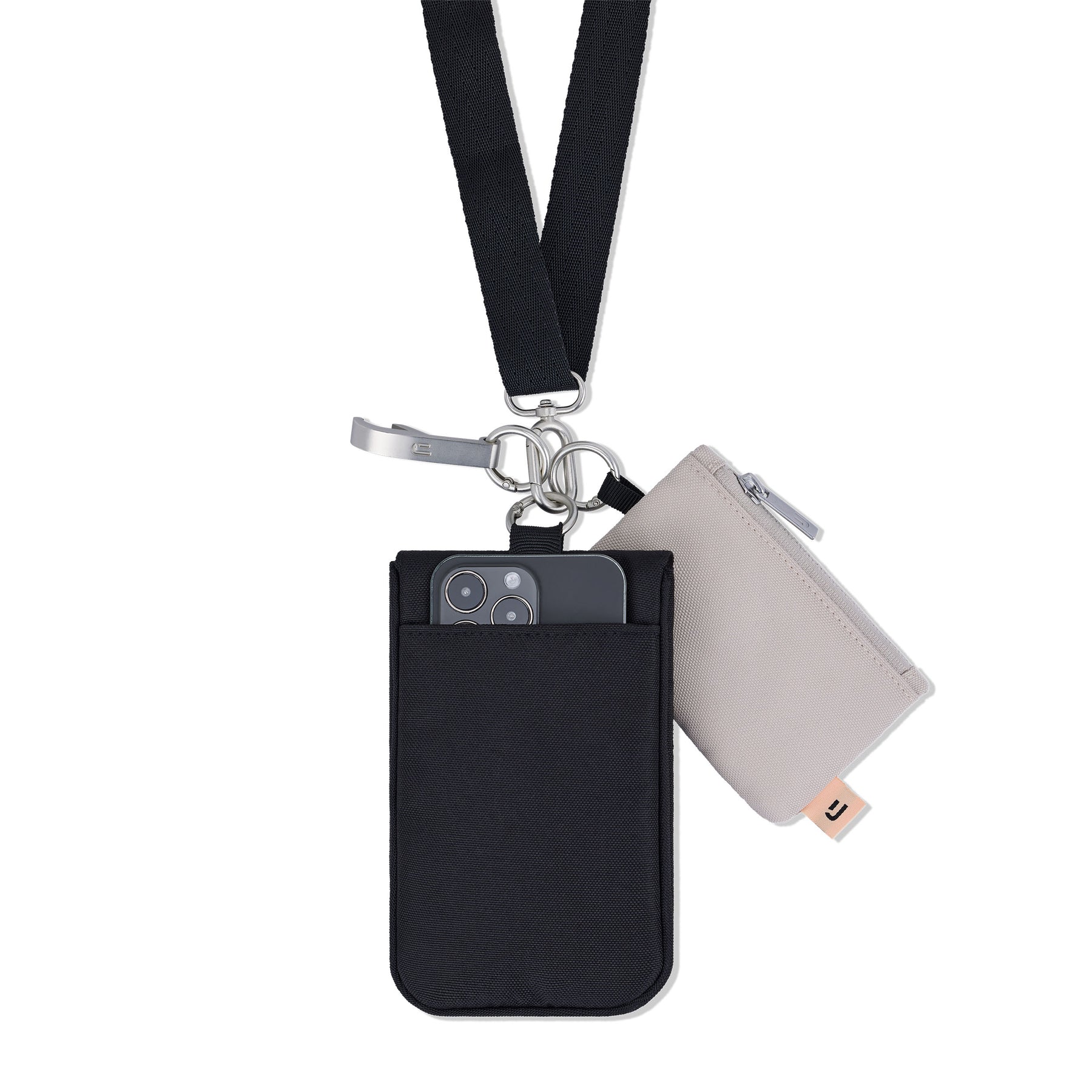 Schwarze Juno Handytasche aus Textil mit kombiniertem grauem Reißverschluss-Etui an schwarzem Trageband