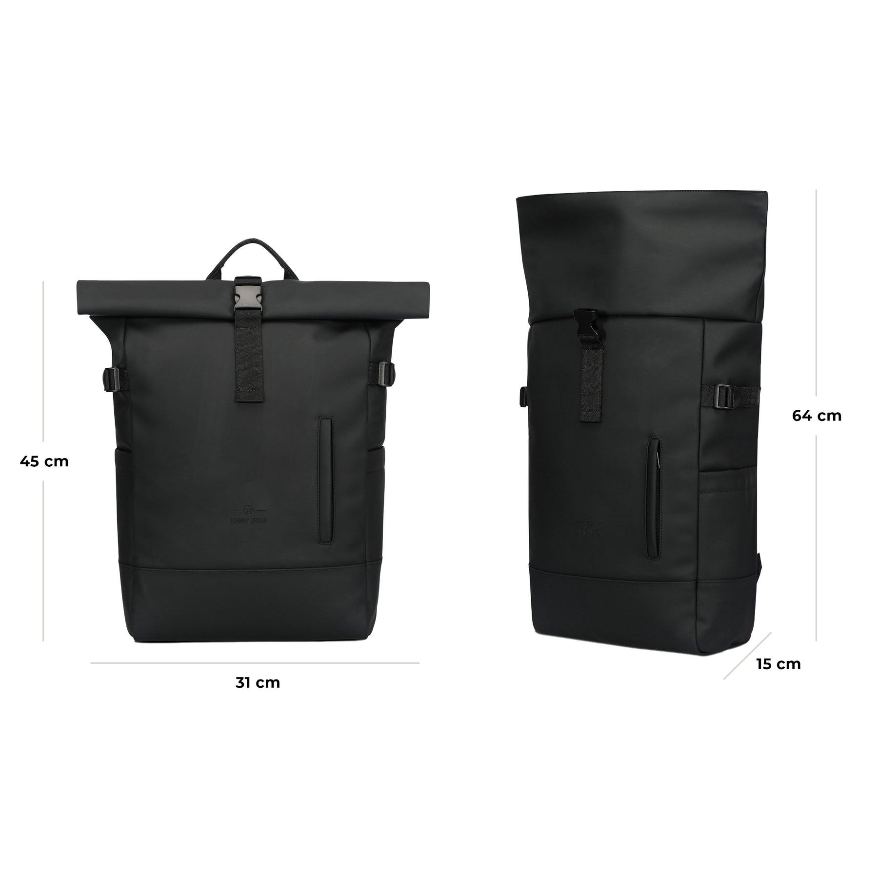 Schwarzer Johnny Urban Rolltop Rucksack 'Harvey Large' aus Leder mit Maßen 45x31x15 cm, 64 cm offen