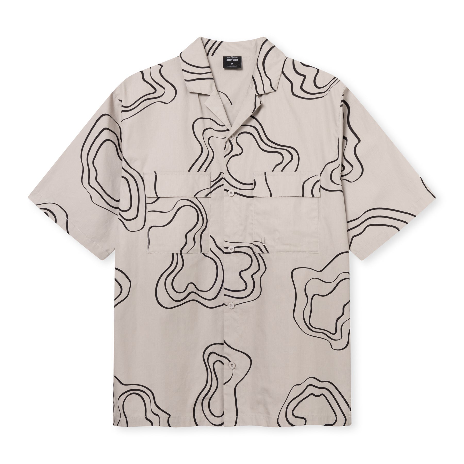 Johnny Urban Hemd-Shirt Spencer in Beige mit abstraktem schwarzen Linienmuster und kurzen Ärmeln