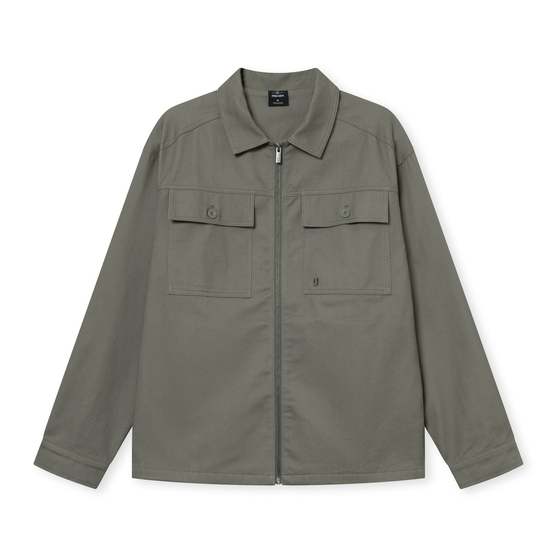 Overshirt 'Cameron' in olivgrauer Farbe mit Reißverschluss und zwei Brusttaschen mit Klappen und Knöpfen