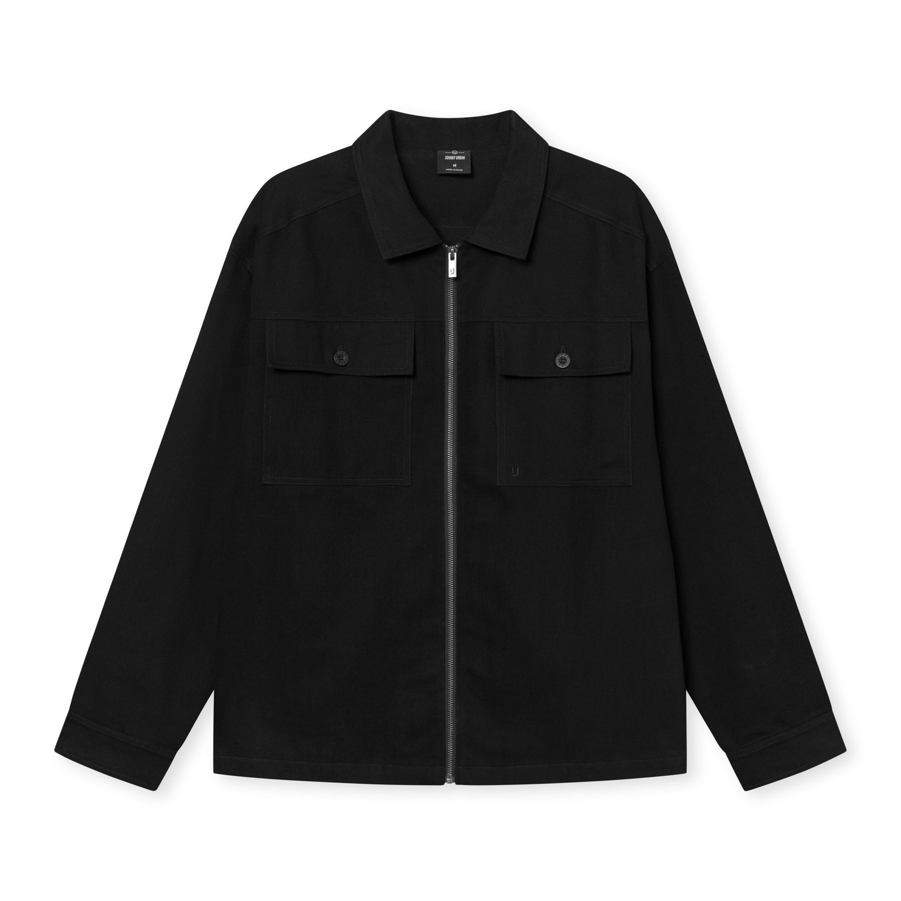 Schwarze Overshirt 'Cameron' mit Reißverschluss und zwei aufgesetzten Taschen mit Knopfklappen