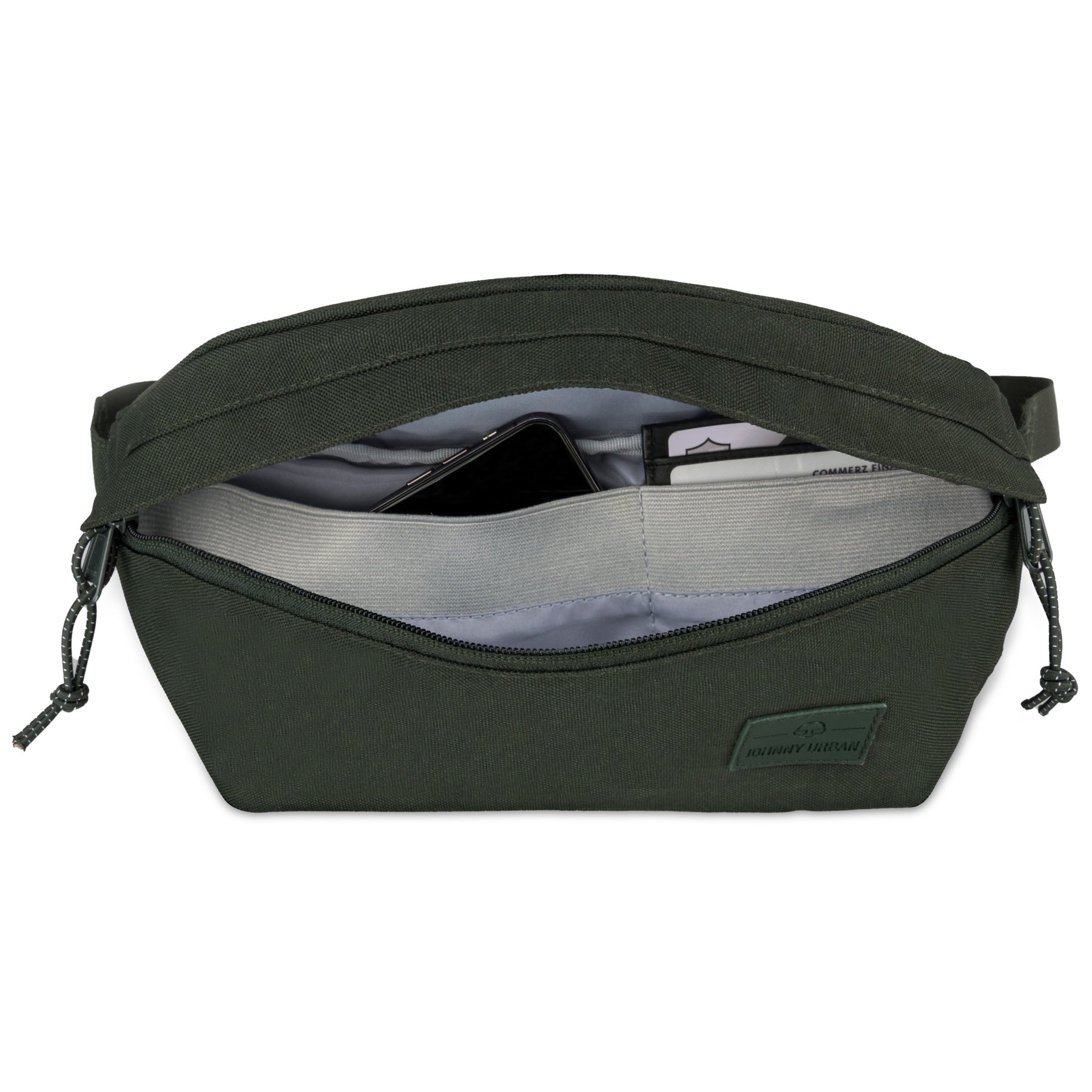 Grüne Johnny Urban Bauchtasche 'Tom' aus Stoff mit offenem Hauptfach, darin Smartphone und Karten eingenäht