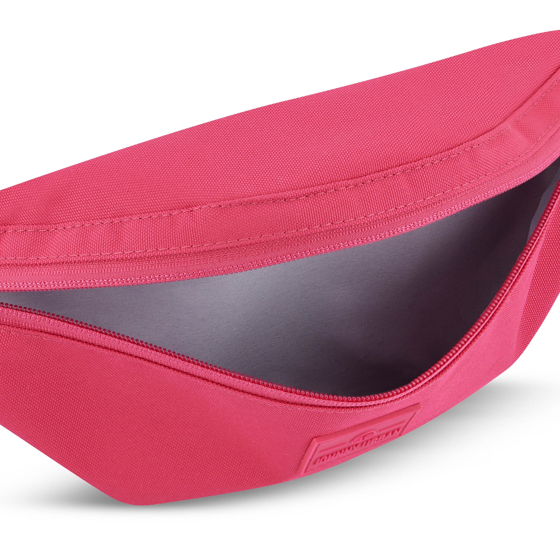 Rosa Bauchtasche 'Erik Small' von Johnny Urban mit offenem Reißverschluss und grauem Innenfutter