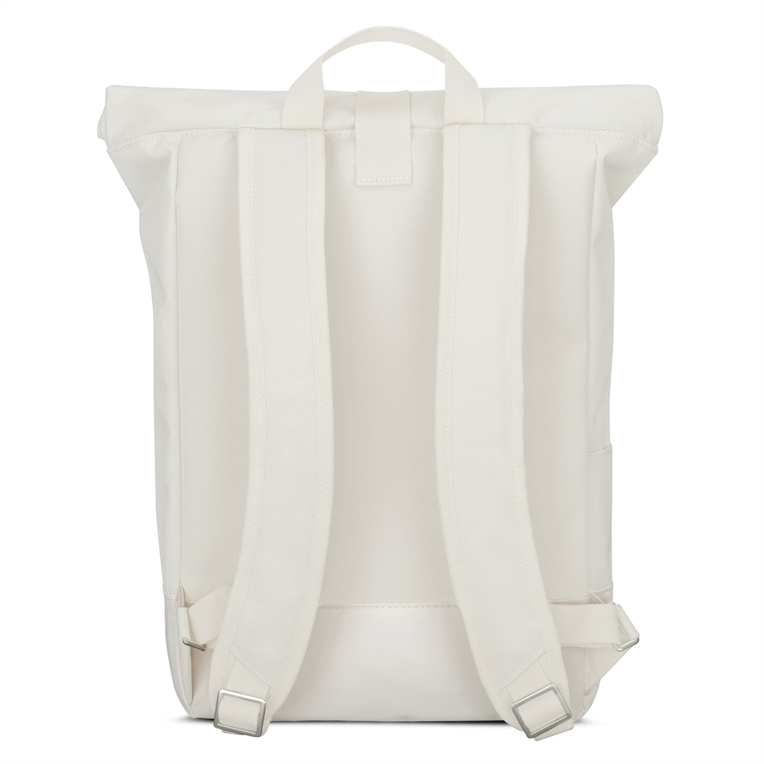 Rolltop Rucksack 'Robin Medium' in hellem Beige, Rückseite mit gepolsterten Schultergurten und Trageschlaufe