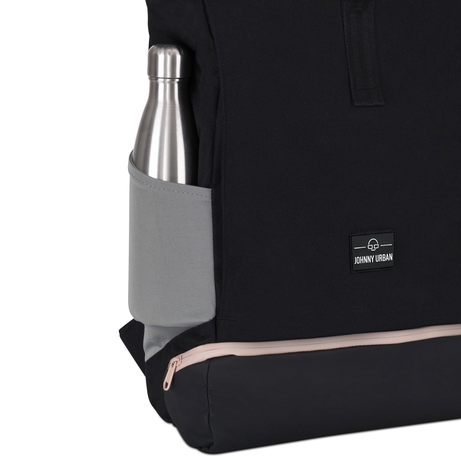 Johnny Urban Rolltop Rucksack 'Allen Large' schwarz mit grauer Seitentasche und silberner Trinkflasche