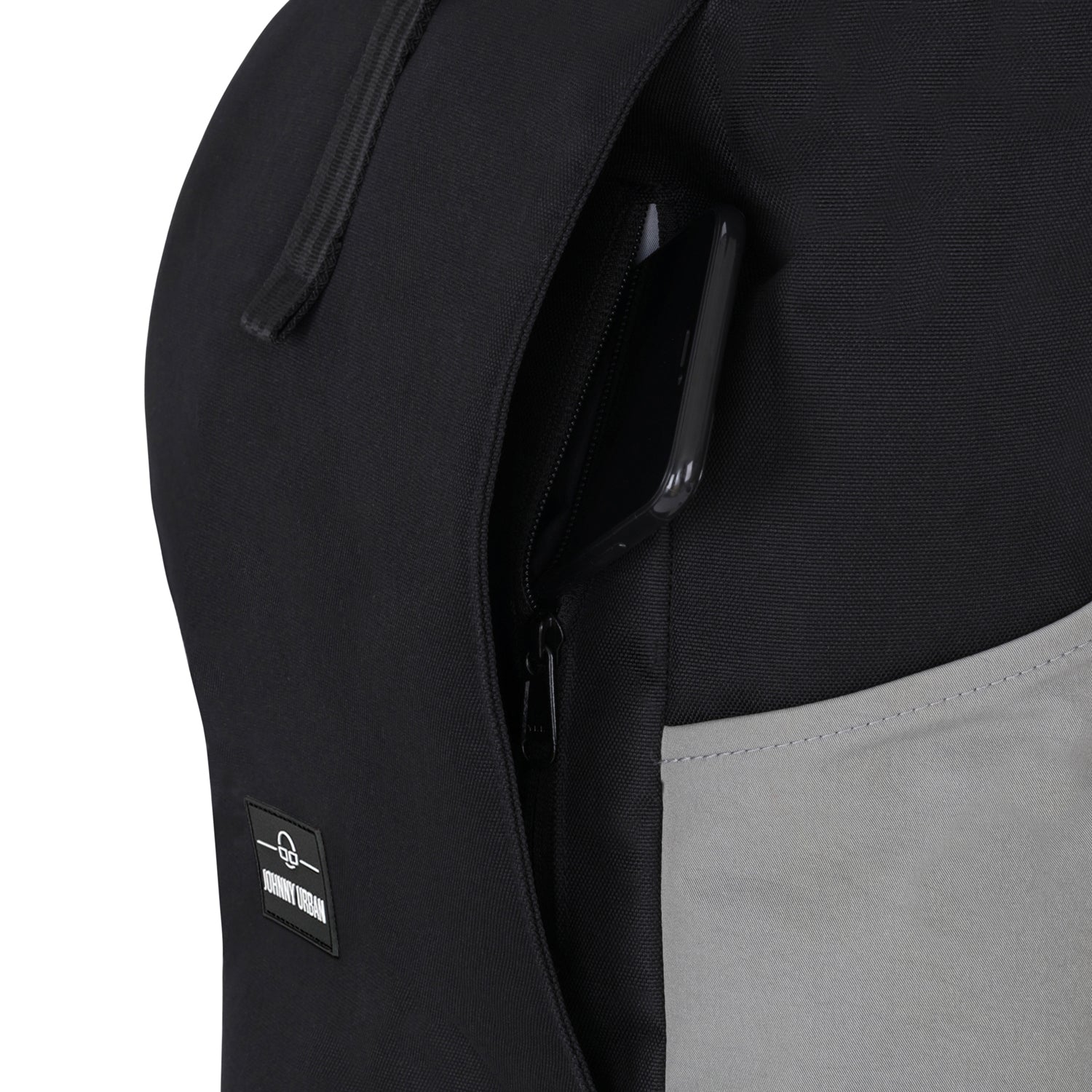 Schwarzer Rolltop Rucksack Johnny Urban 'Allen Large' mit seitlicher Reißverschlusstasche, teilweise grauer Stoff