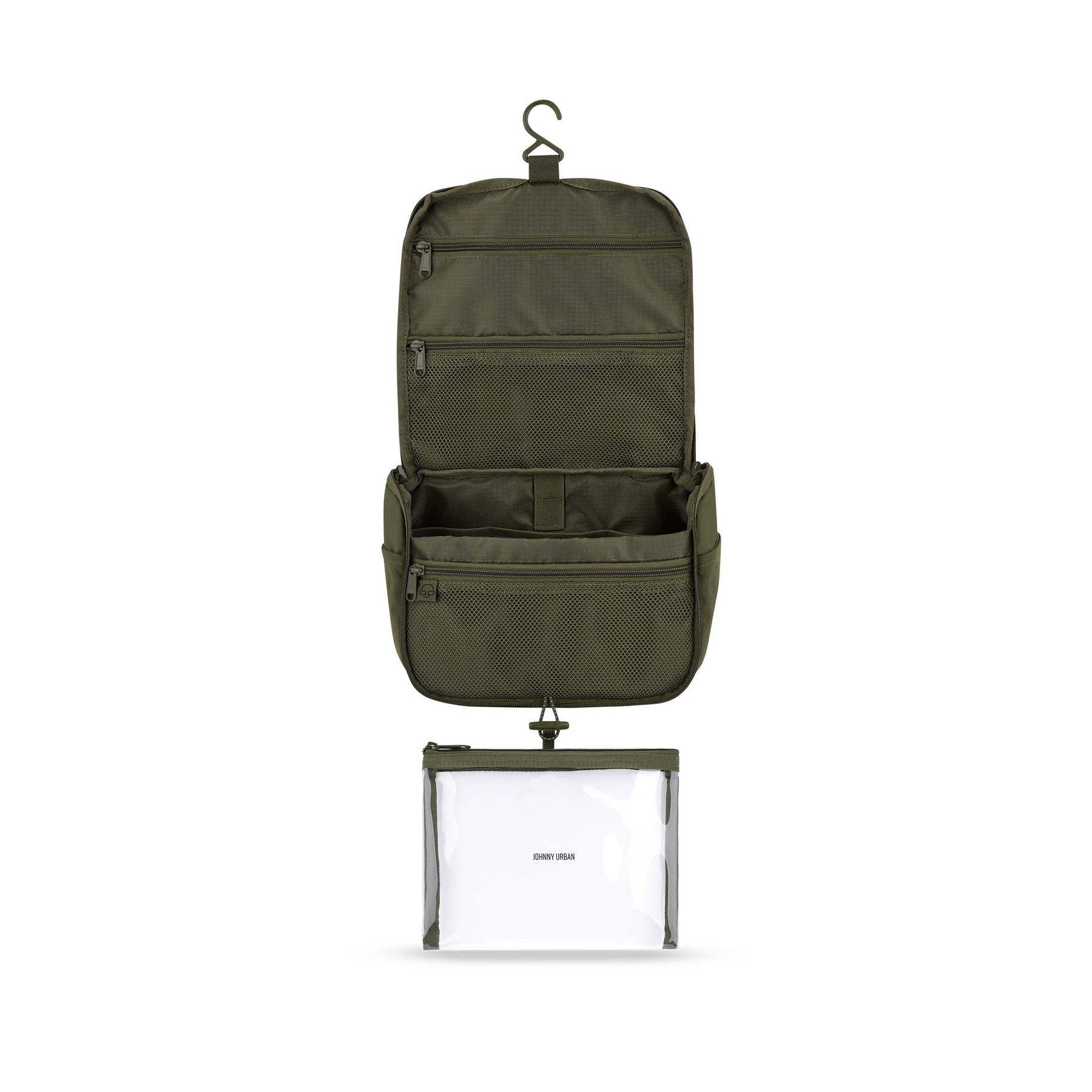 Geöffnete Kulturtasche 'Logan' in Olivgrün mit mehreren Innenfächern und einem abnehmbaren transparenten Beutel