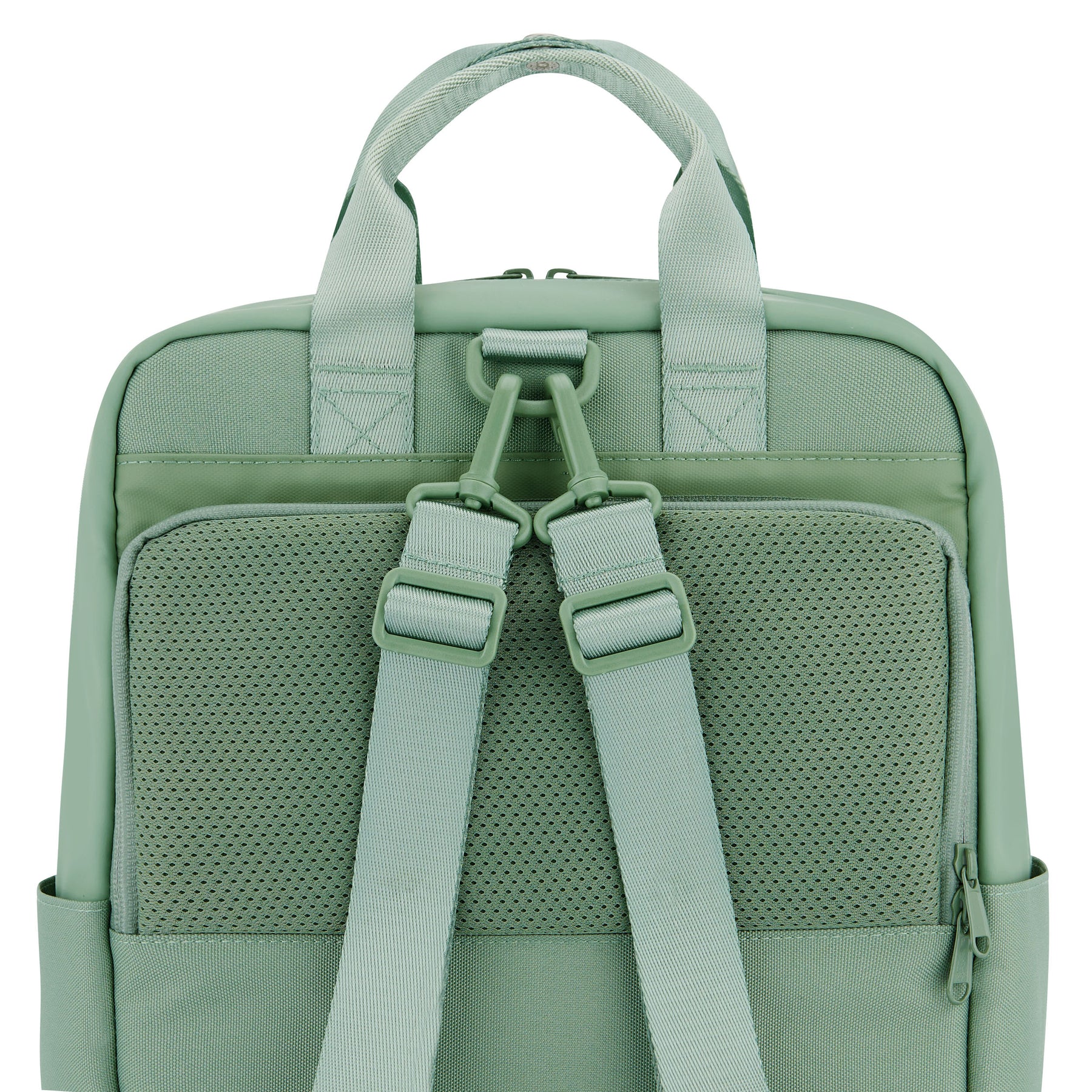Sicht auf die Rückseite des Johnny Urban Rucksacks „Jona Medium Bike“ in Salbeigrün mit gepolsterten Schultergurten und Tragegriff
