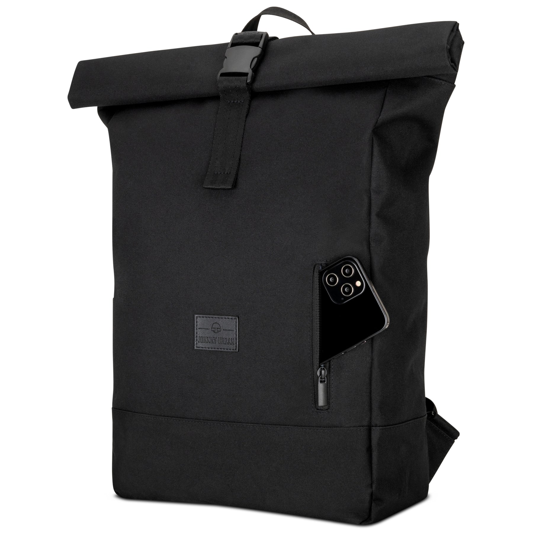 Schwarzer Rolltop Rucksack Robin Large aus robustem Material mit vorderer Reißverschlusstasche und Smartphone