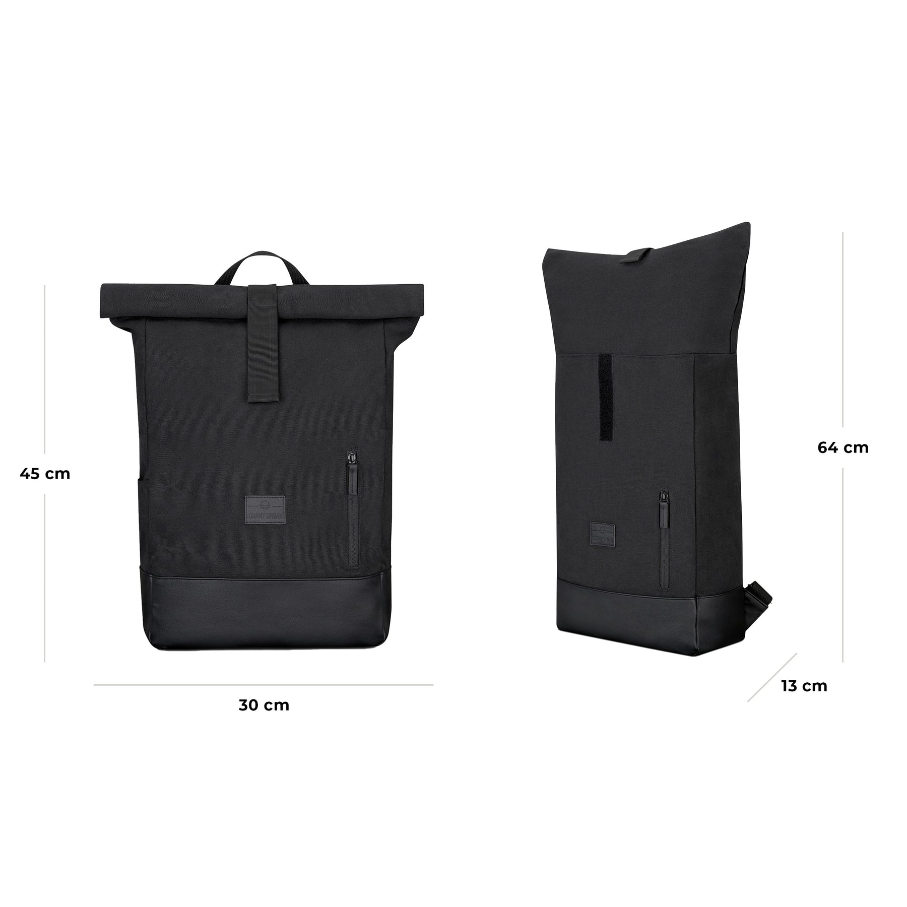 Schwarzer Rolltop Rucksack 'Adam Large' von Johnny Urban mit Maßen 45x30x13 cm und 64 cm Höhe geöffnet
