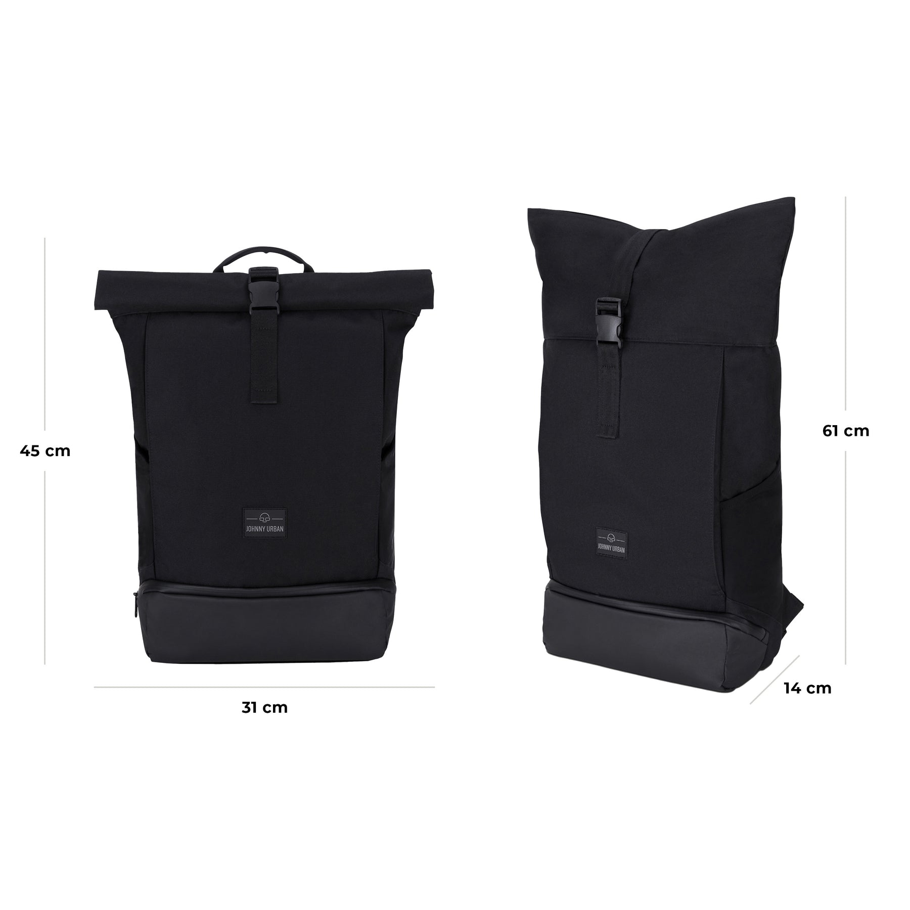 Schwarzer Rolltop Rucksack 'Allen Large' von Johnny Urban, Maße seitlich 45x31 cm, aufgeklappt 61x14 cm