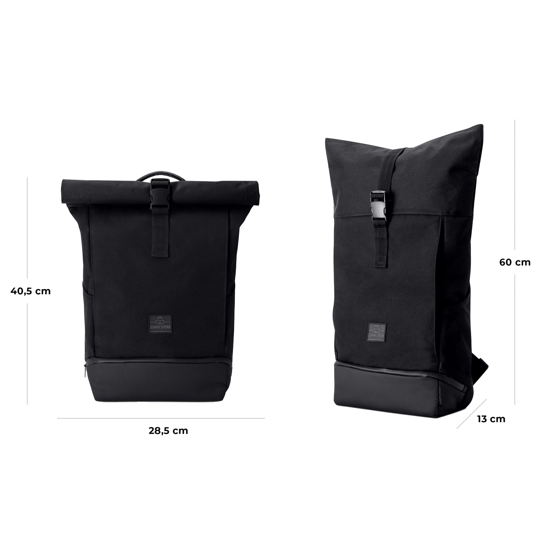 Schwarzer Rolltop Rucksack 'Allen Medium' von Johnny Urban mit Maßen 40,5 cm (H) x 28,5 cm (B) x 13 cm (T) geschlossen und 60 cm (H) geöffnet