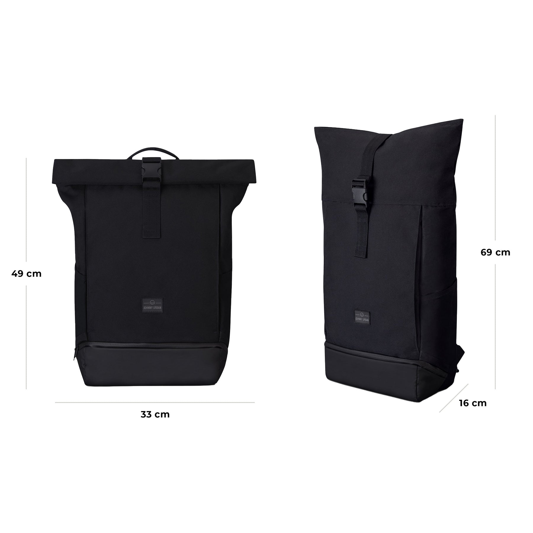 Schwarzer Johnny Urban Rolltop Rucksack Allen XL, Maße 33x49x16 cm und 33x69x16 cm