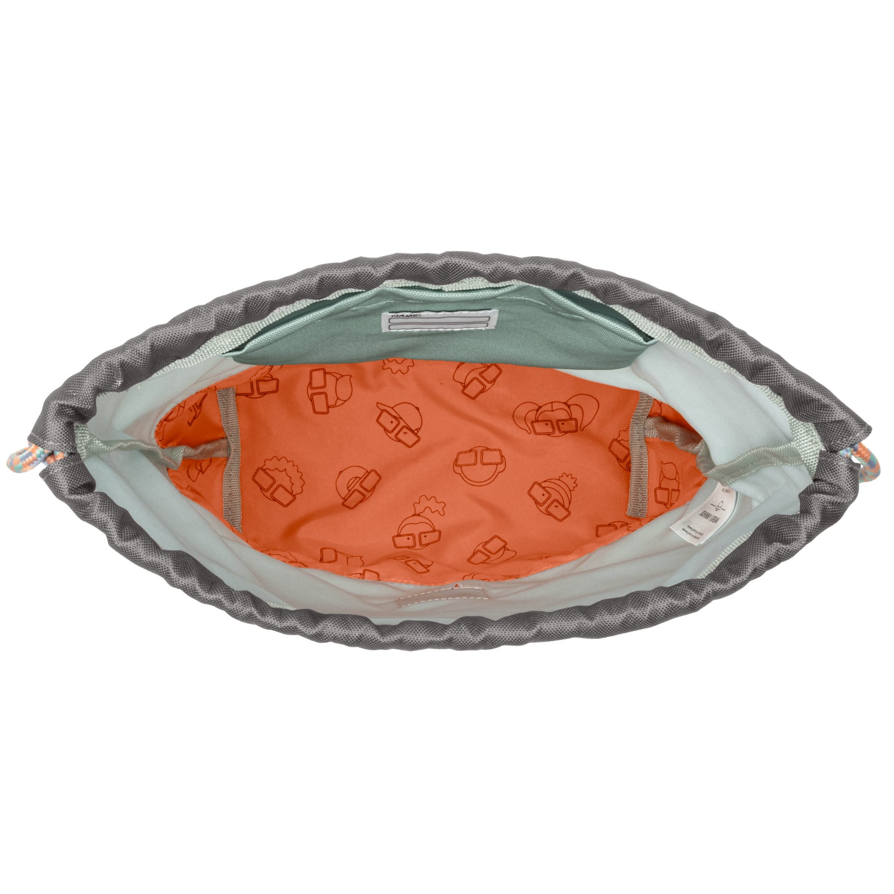 Innenansicht des Kinder Turnbeutels 'Nino' mit mintgrünem Oberrand und orangefarbenem Innenfutter mit Mustern