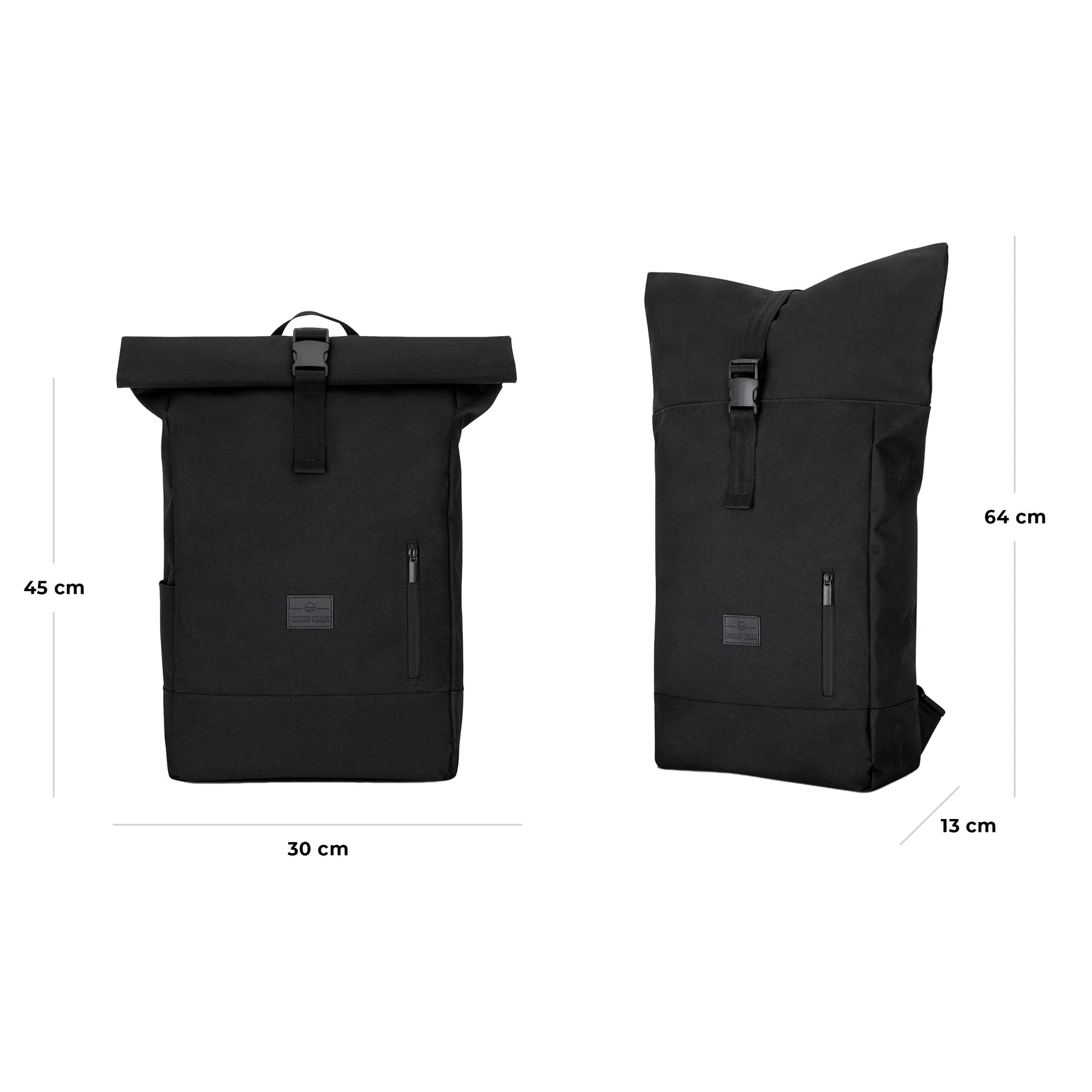 Schwarzer Rolltop Rucksack 'Robin Large' von Johnny Urban, Maße 30x45x13 cm geschlossen und 30x64x13 cm geöffnet