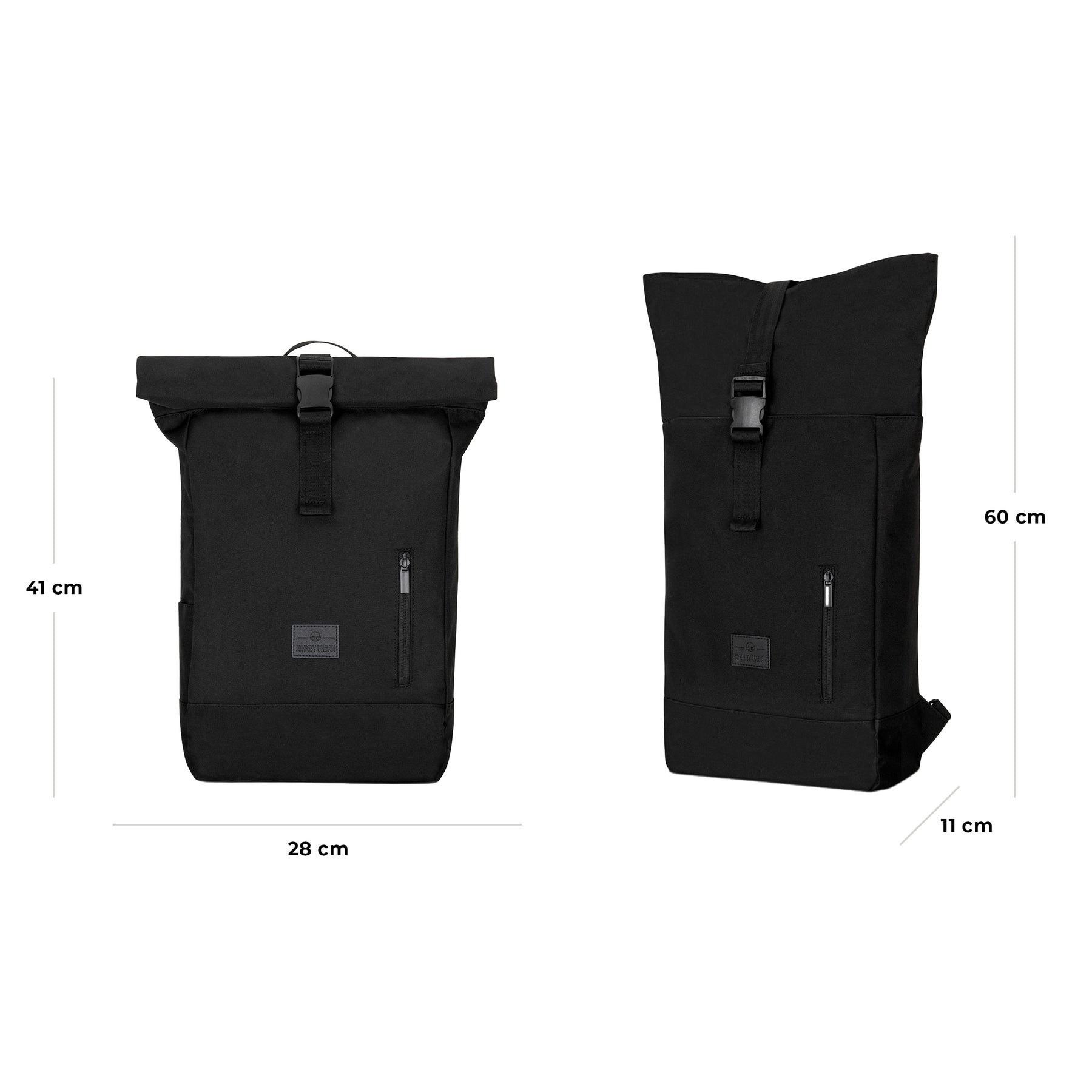 Schwarzer Rolltop Rucksack 'Robin Medium' von Johnny Urban mit Maßen 41x28x11 cm und 60 cm Höhe bei aufgeklapptem Rollverschluss