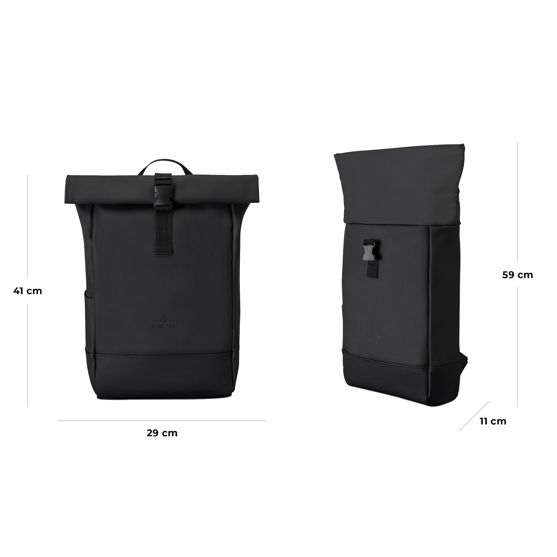 Schwarzer Rolltop-Rucksack 'Harvey Medium' von Johnny Urban, Maße 41x29x11 cm, Front- und Seitenansicht