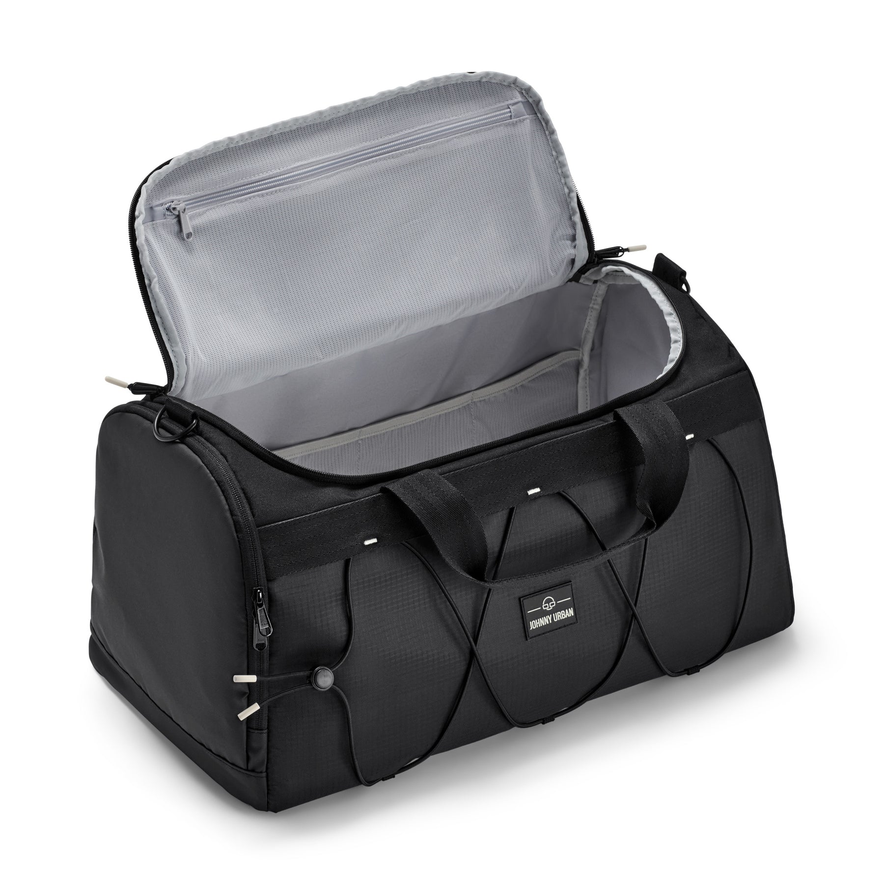 Schwarze Johnny Urban Sporttasche 'Shawn Medium' mit geöffnetem Hauptfach und Innenfach mit Reißverschluss