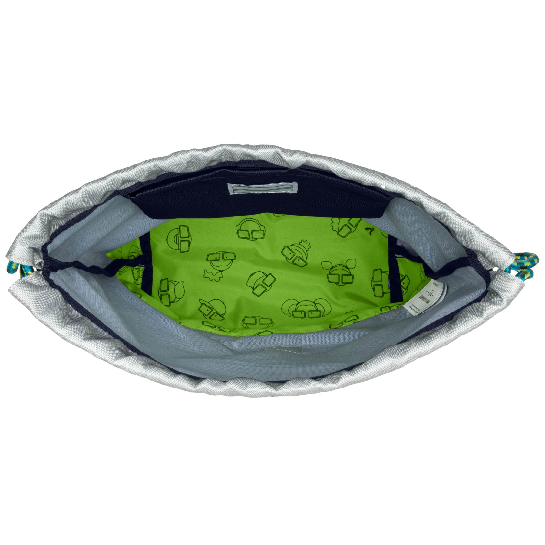 Innenansicht des Kinder Turnbeutels 'Nino' von Johnny Urban mit grünem Innenfutter und gemusterten Comic-Gesichtern