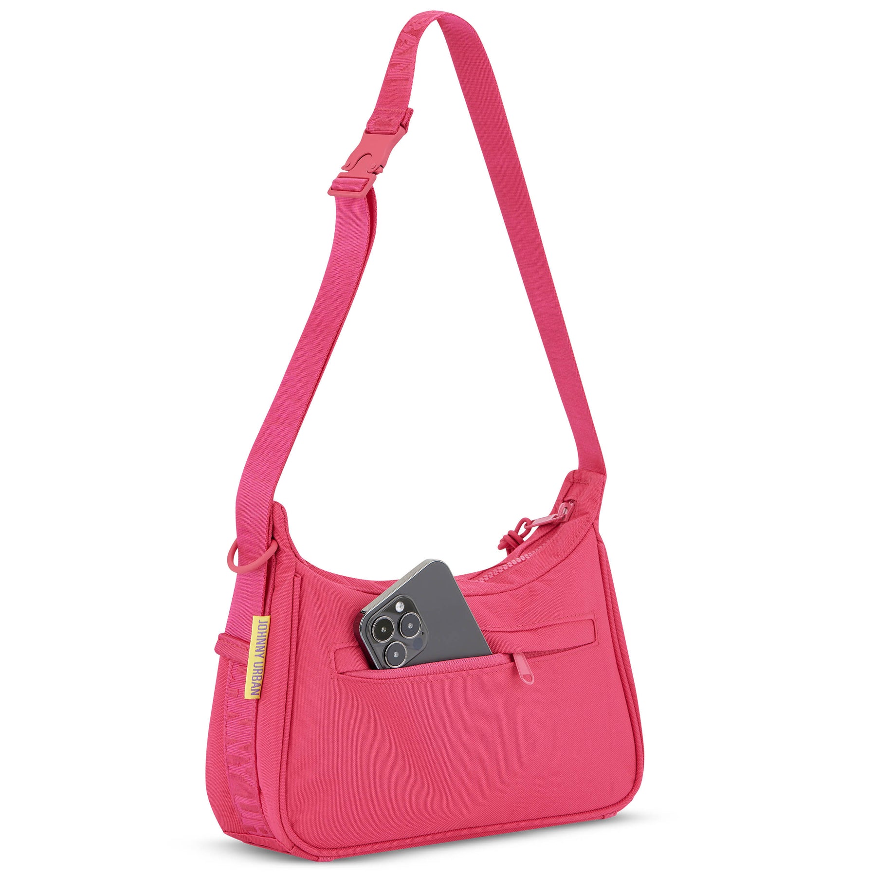 Handtasche 'Maddy' von Johnny Urban in Pink mit verstellbarem Schultergurt und äußerer Reißverschlusstasche, Smartphone teils sichtbar