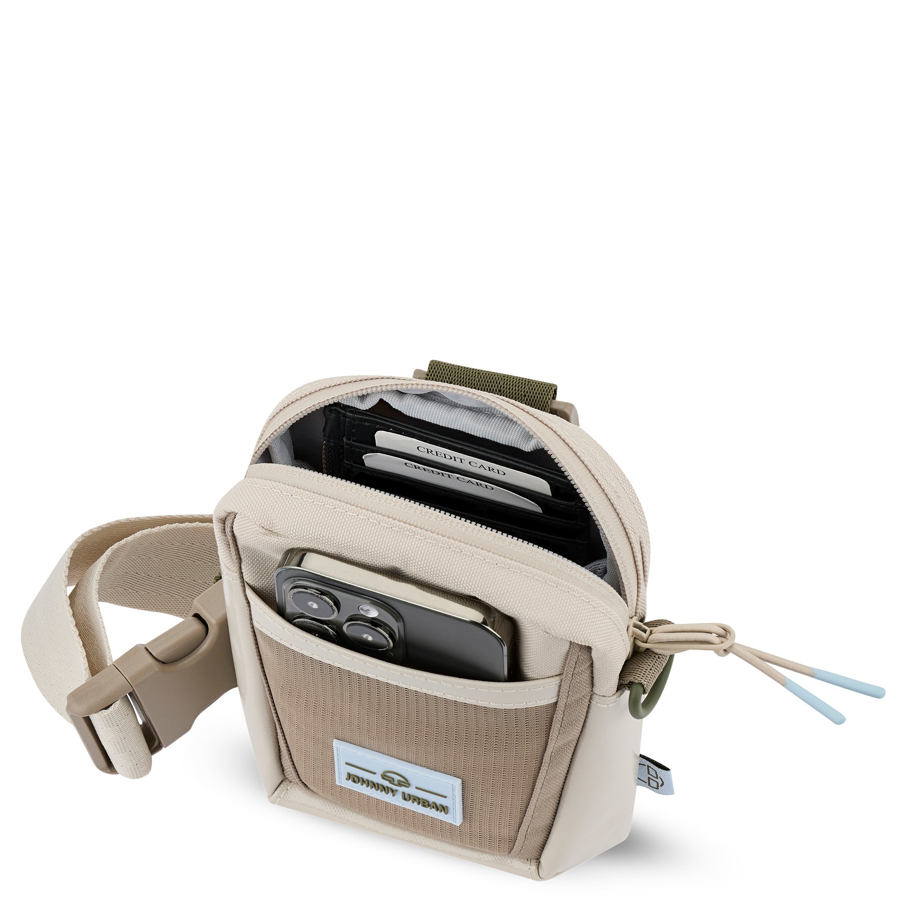 Beige Umhängetasche 'Lex' von Johnny Urban mit offenem Hauptfach, Kreditkartenfächern und Tasche mit Smartphone
