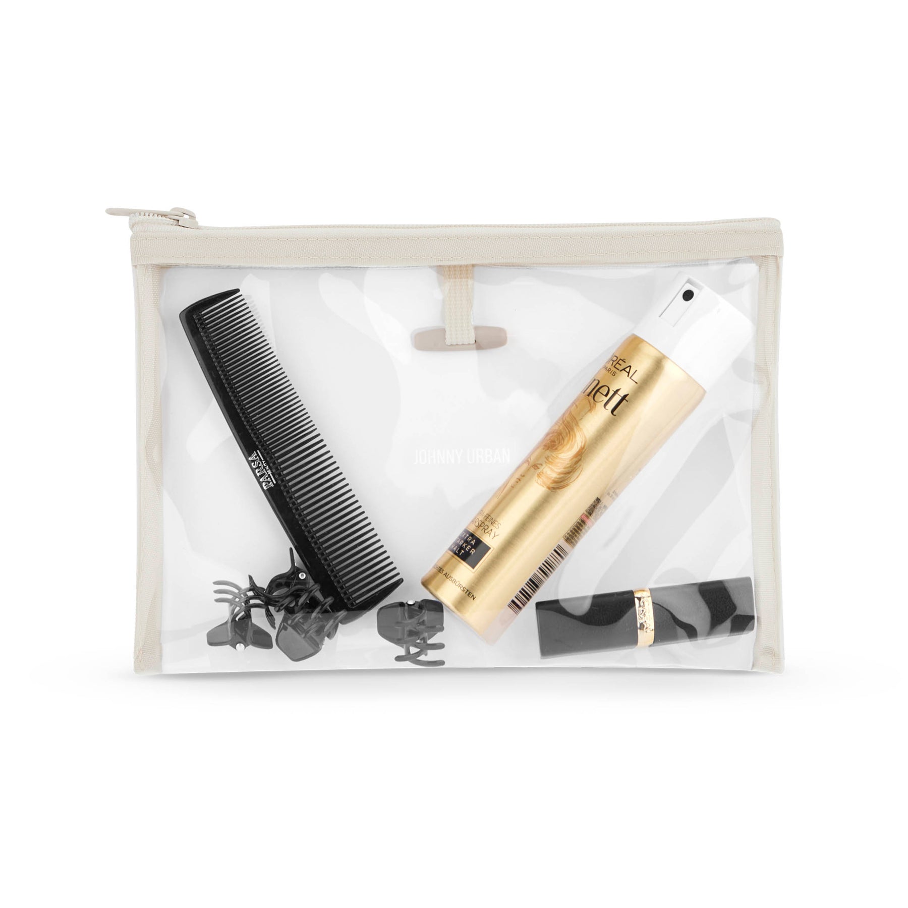 Kulturtasche 'Logan' aus transparentem Kunststoff mit Reißverschluss, gefüllt mit schwarzem Kamm, Haarklammern, Haarspray und Lippenstift