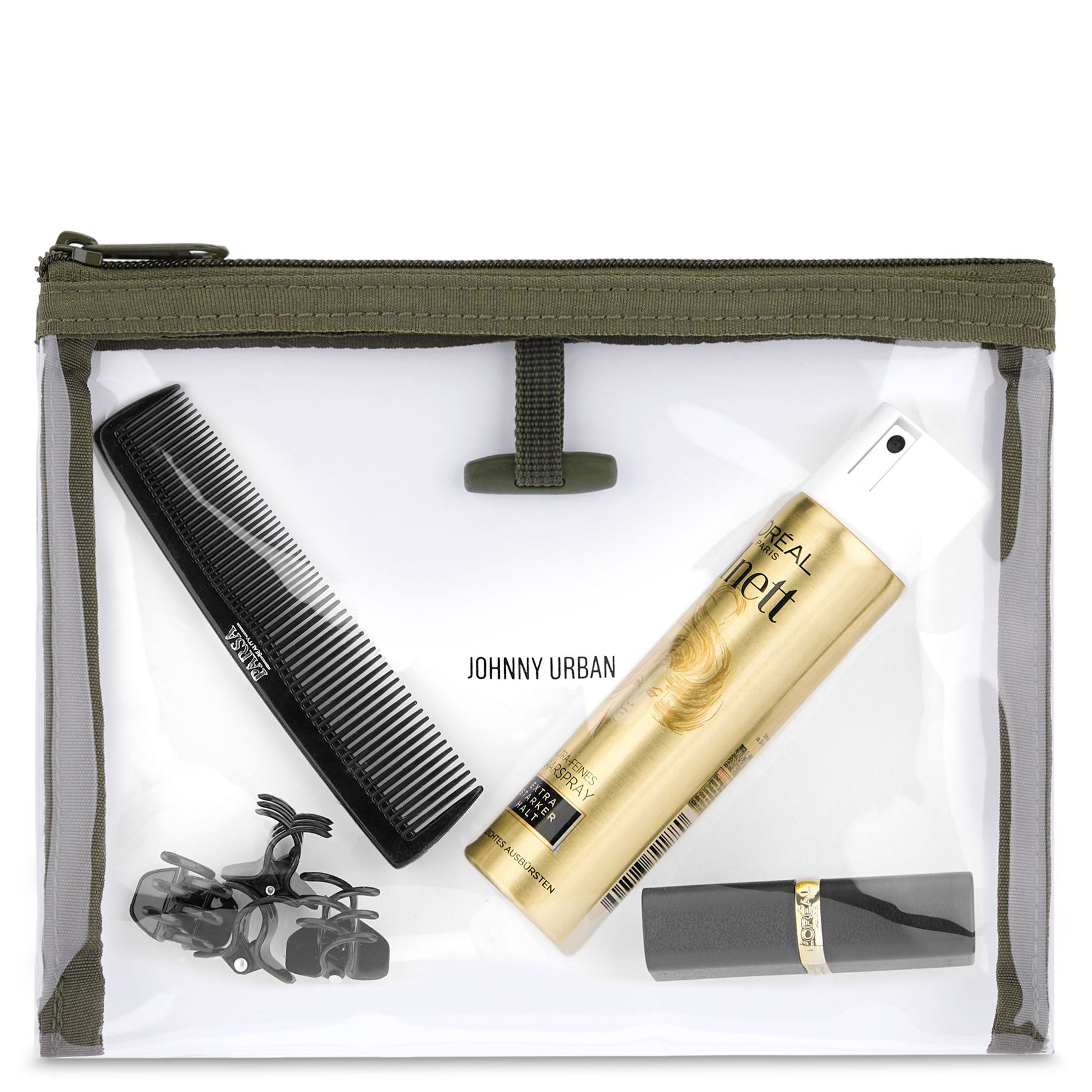 Kulturtasche 'Logan' von Johnny Urban in olivgrün mit durchsichtigem Oberteil, enthalten Kamm, Haarklammern, Haarspray und Lippenstift