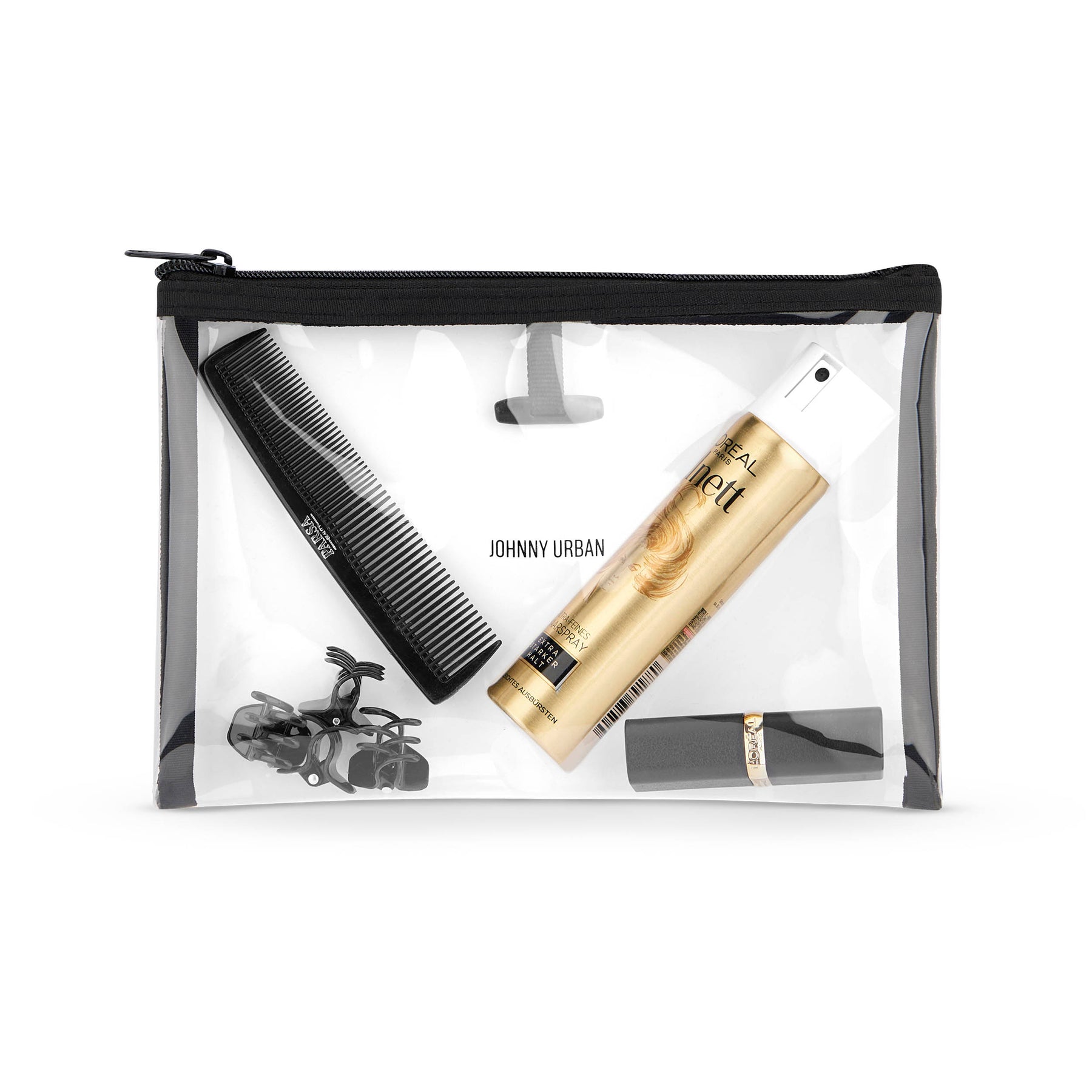 Transparente Kulturtasche 'Logan' von Johnny Urban mit schwarzem Reißverschluss, gefüllt mit Kamm, Haarklammern, Haarspray und Lippenstift