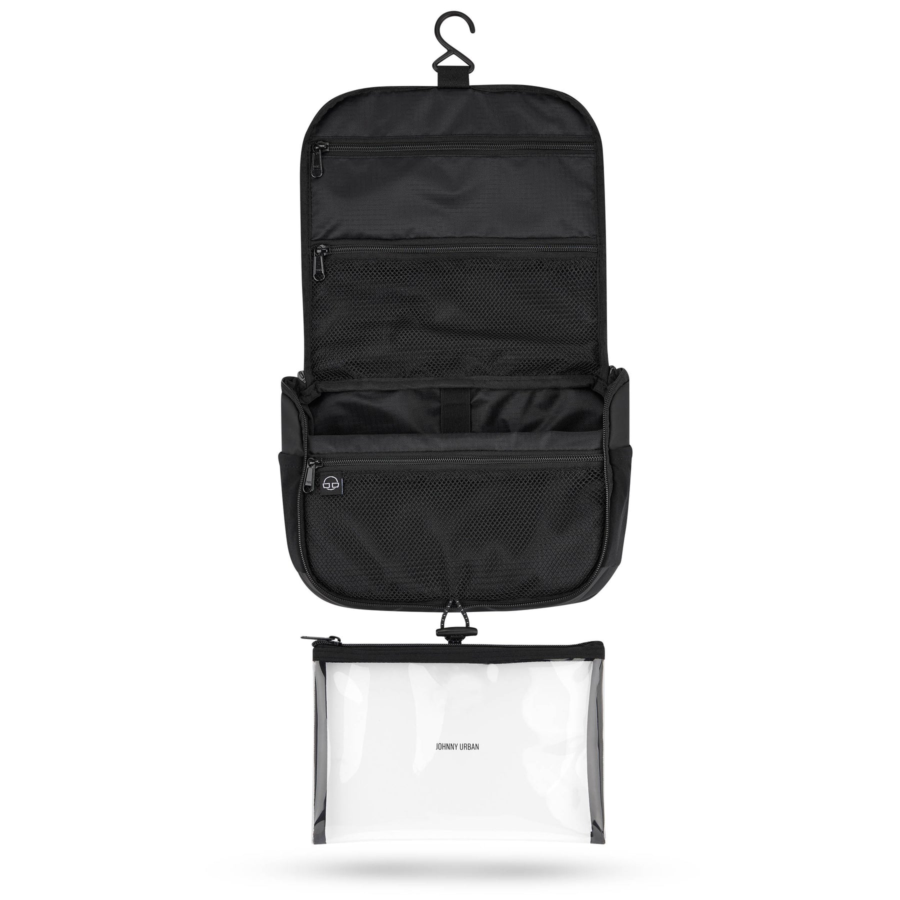 Offene schwarze Kulturtasche "Logan" mit Aufhängung, mehreren Reißverschlusstaschen und durchsichtiger Hülle mit 'Johnny Urban'-Logo