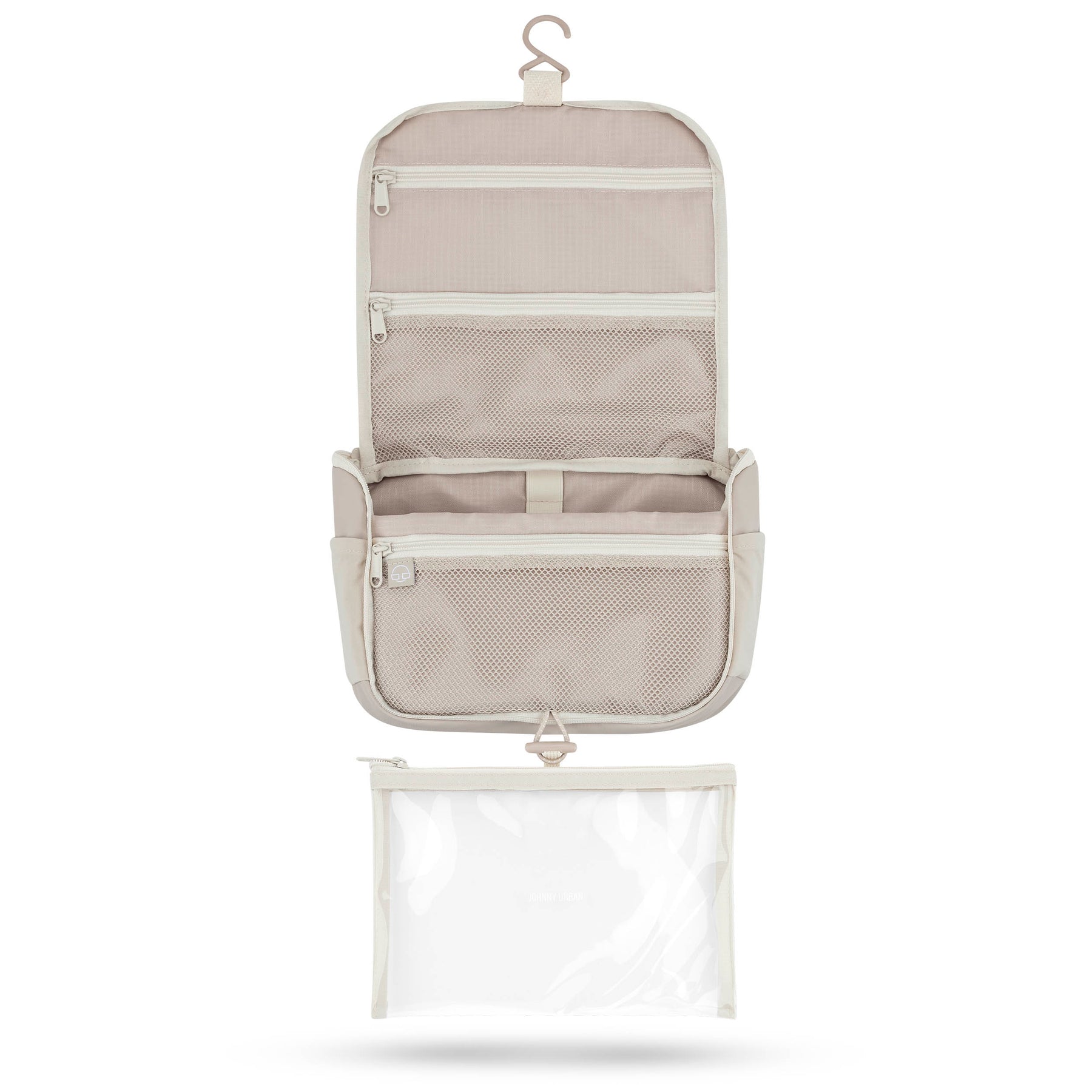 Beige Kulturtasche 'Logan' mit mehreren Reißverschlussfächern und abnehmbarem, transparentem Etui