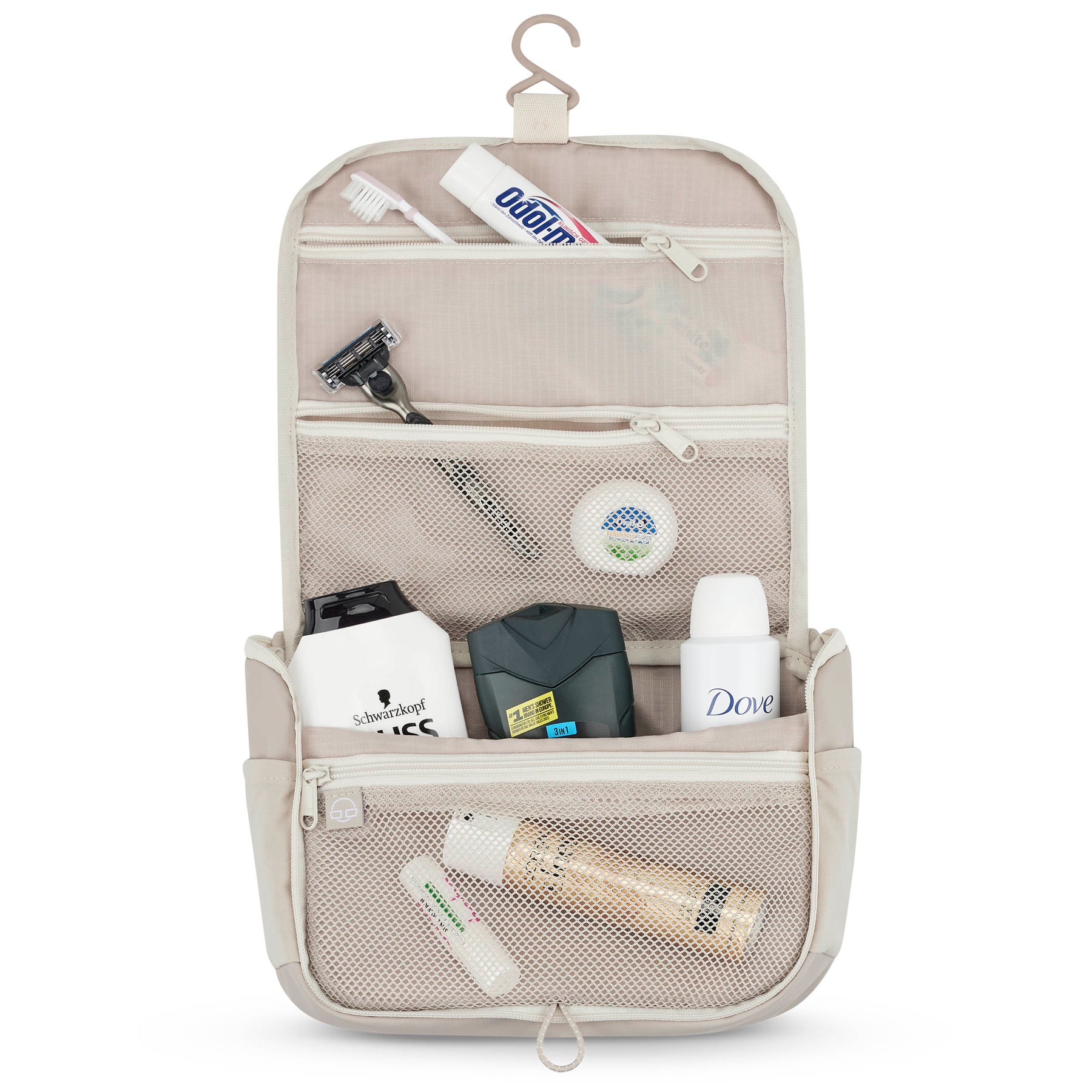 Beige Kulturtasche 'Logan' mit transparenter Aufteilung, Zahnbürste, Zahnpasta, Rasierer und Pflegeprodukten