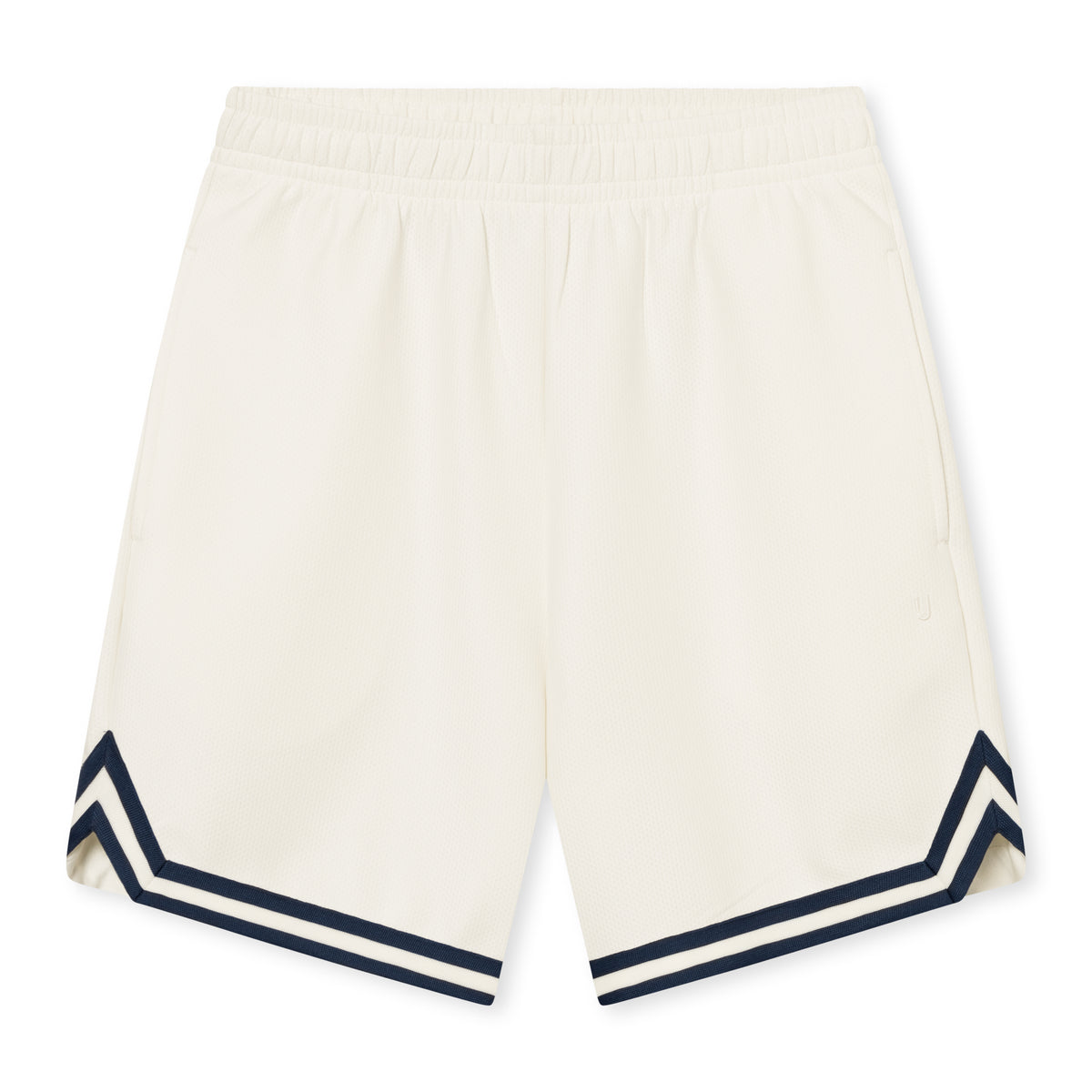 Cremefarbene Herren-Shorts aus dem Set 'Parker' mit elastischem Bund und dunkelblauen Zierstreifen am Saum