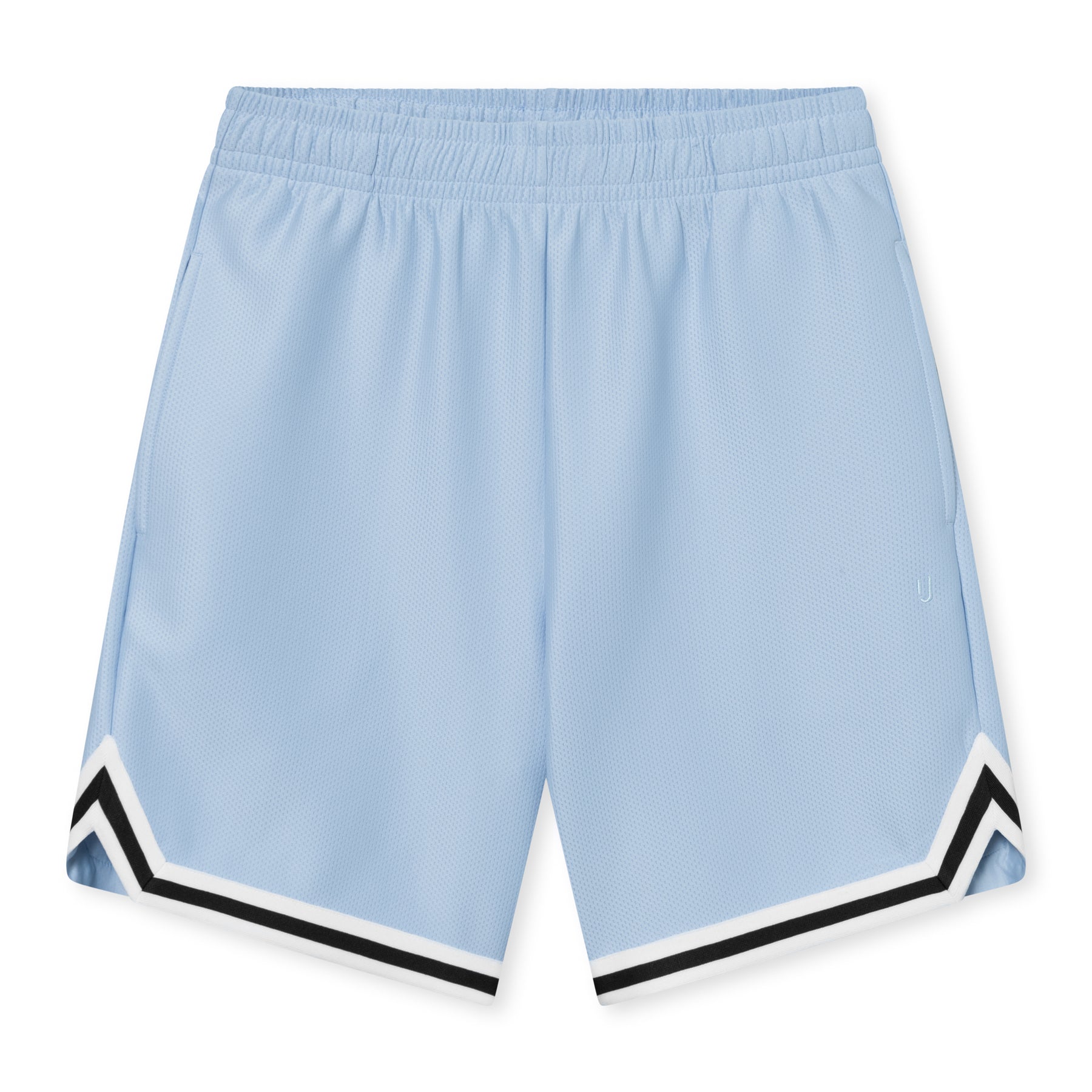 Leichtblaue kurze Herren-Shorts mit elastischem Bund und schwarzem sowie weißem Zierstreifen unten